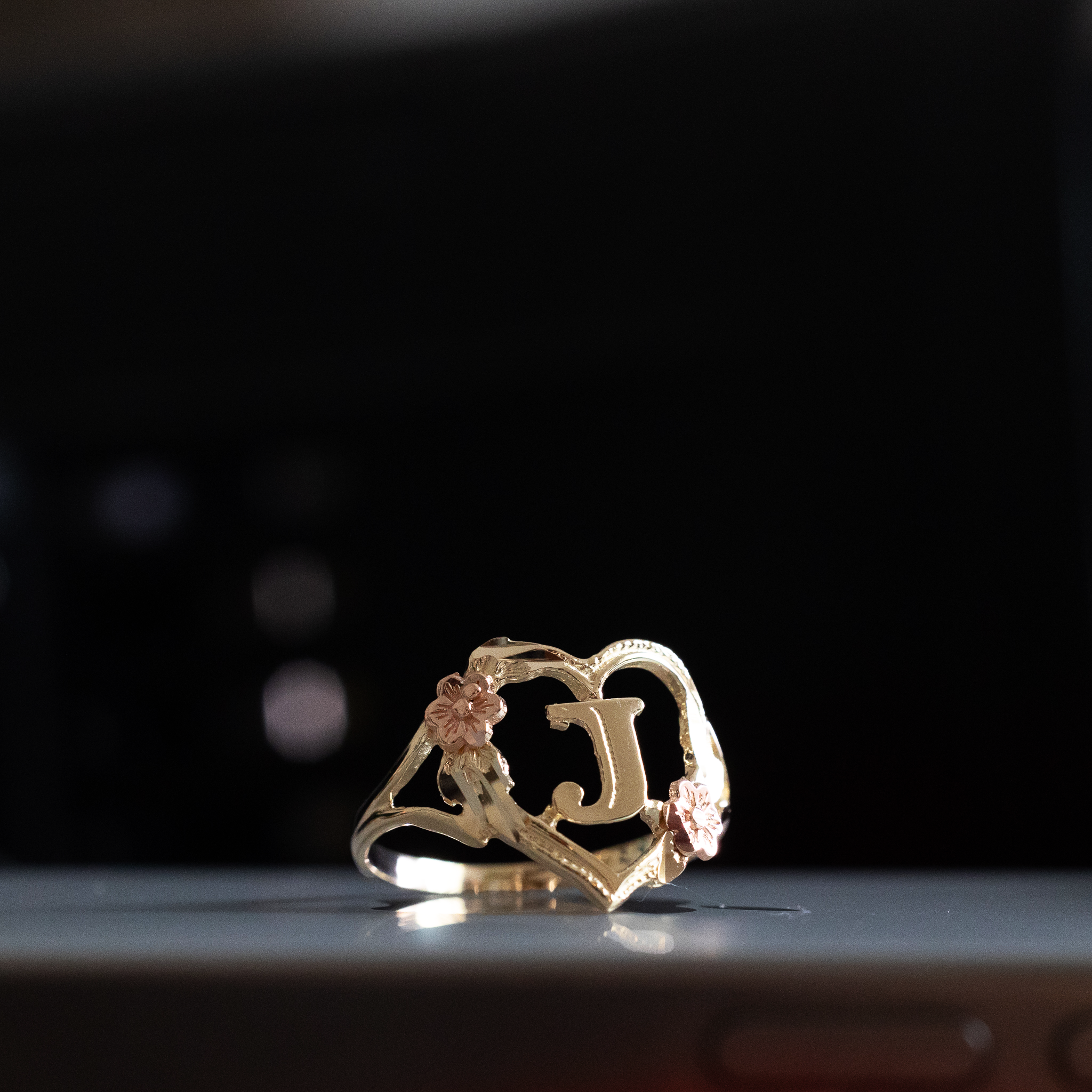 Gold Heart & Rose Initial "J" Ring - Charlie & Co. Jewelry