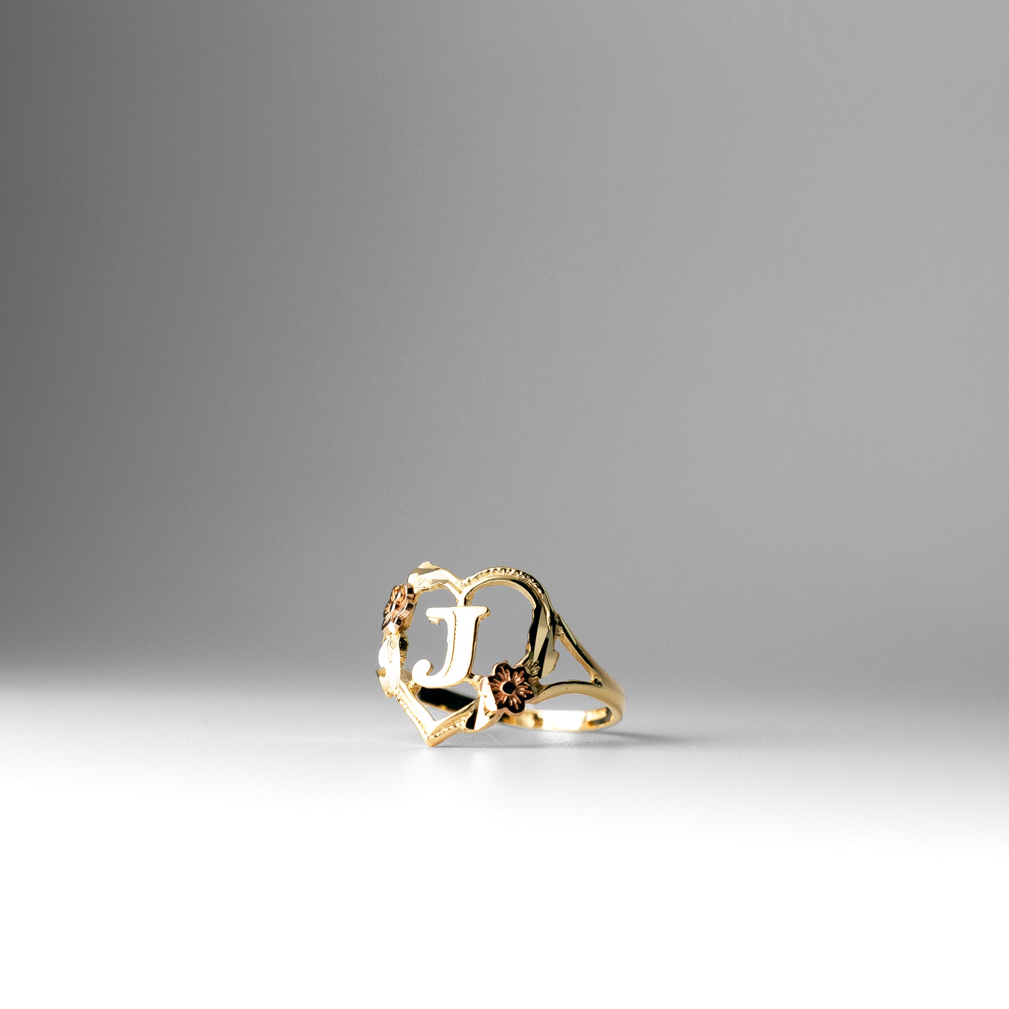Gold Heart & Rose Initial "J" Ring - Charlie & Co. Jewelry