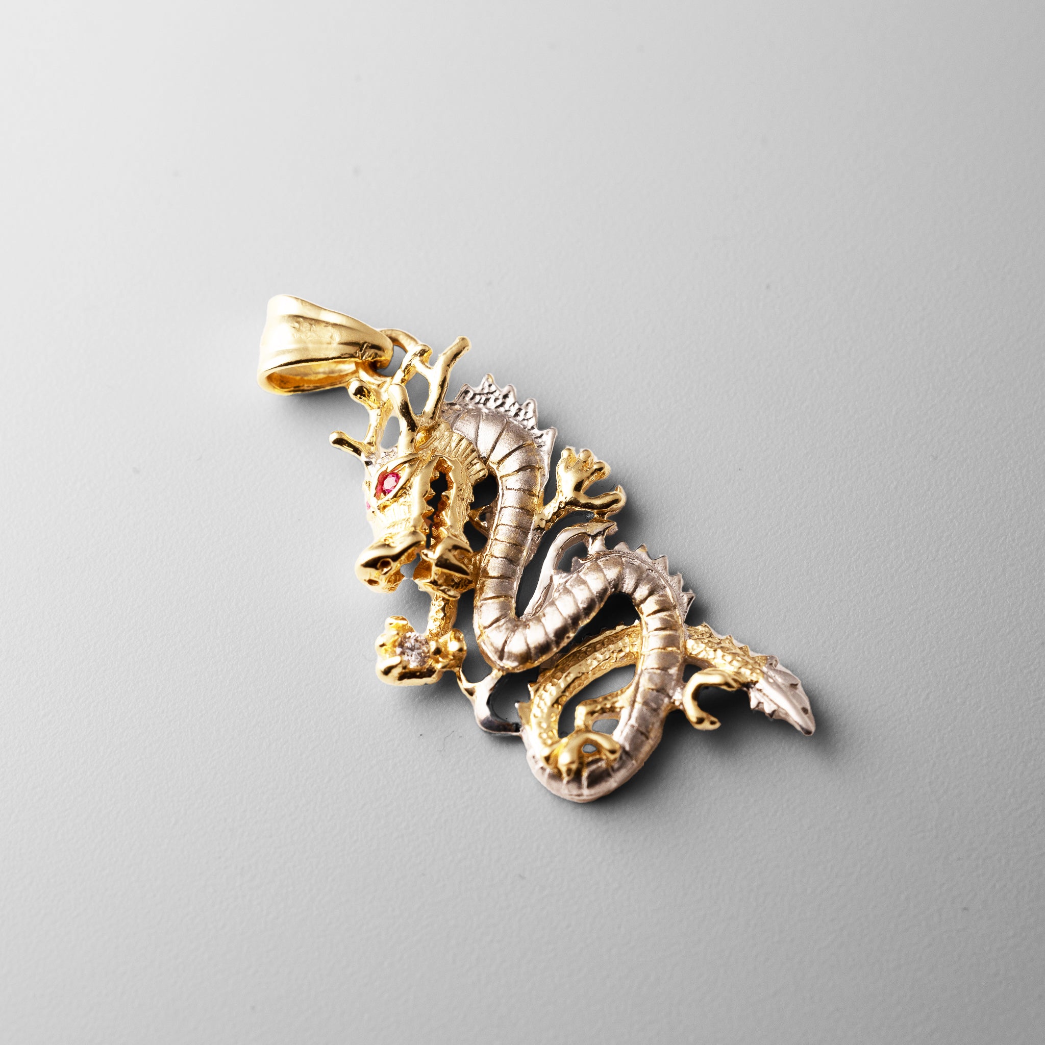 Yellow and White Gold Chinese Dragon Pendant Necklace - Model PT1538 - Charlie & Co. Jewelry