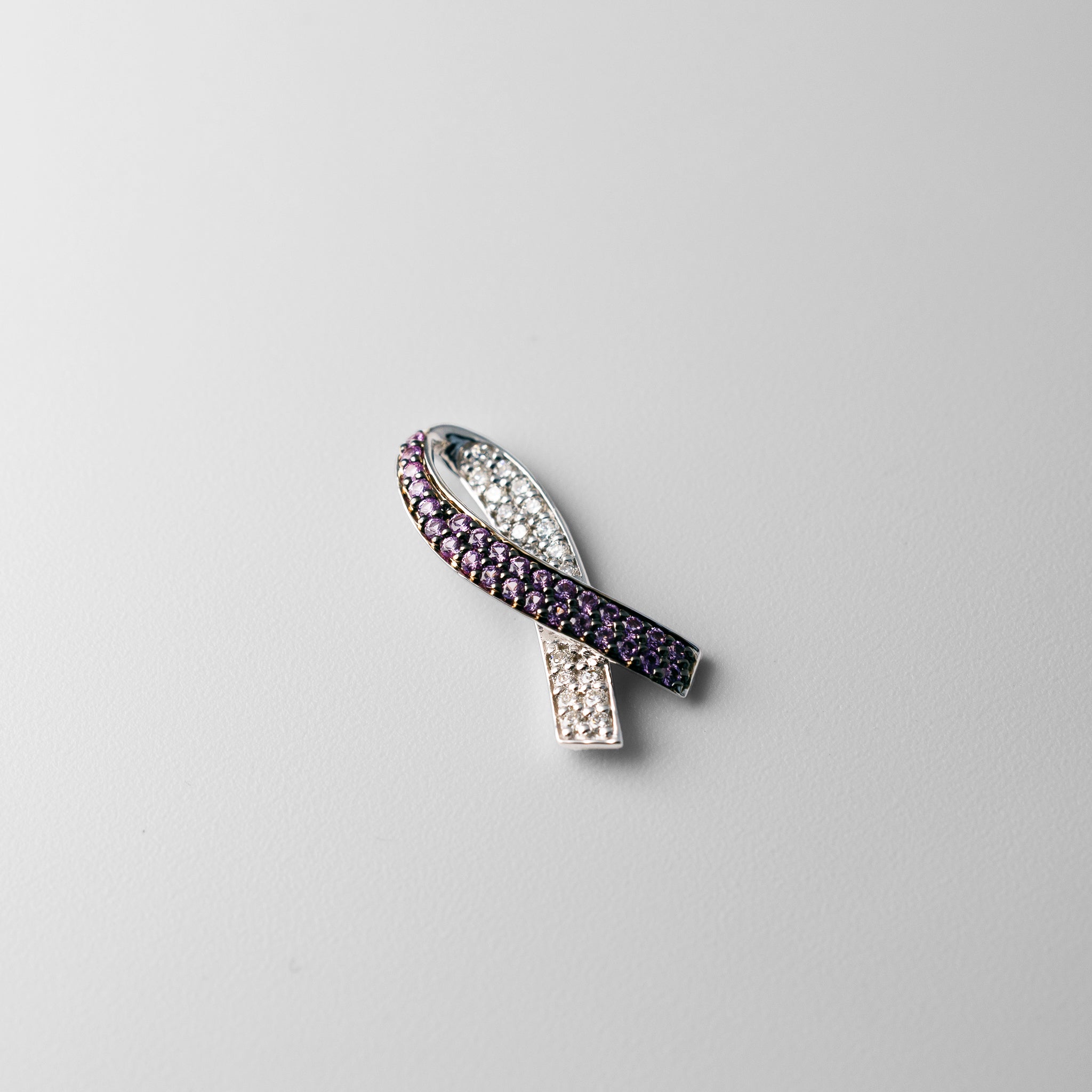 White Gold Diamond and Lab-Created Pink Sapphire Awareness Ribbon Necklace Pendant - Charlie & Co. Jewelry