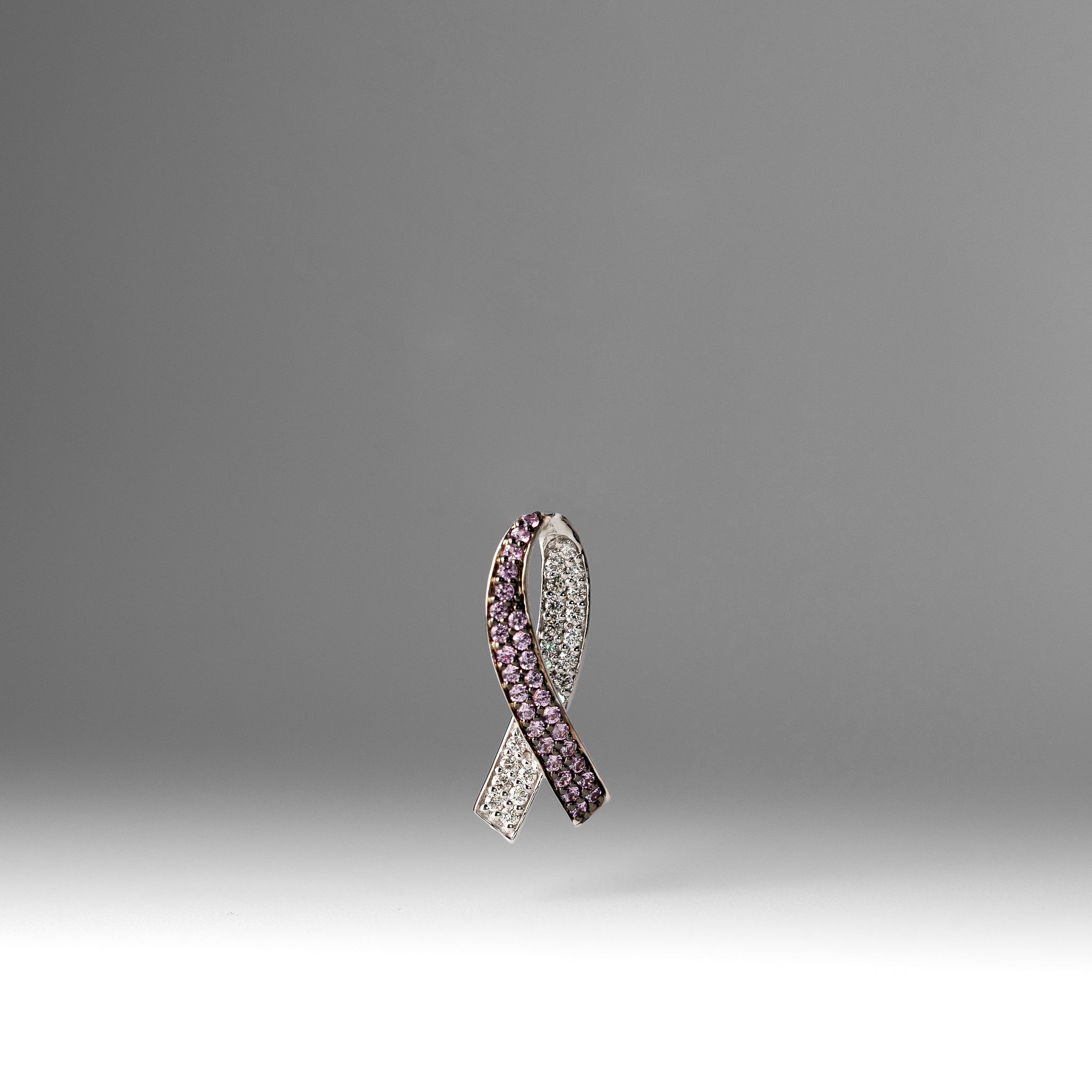 White Gold Diamond and Lab-Created Pink Sapphire Awareness Ribbon Necklace Pendant - Charlie & Co. Jewelry
