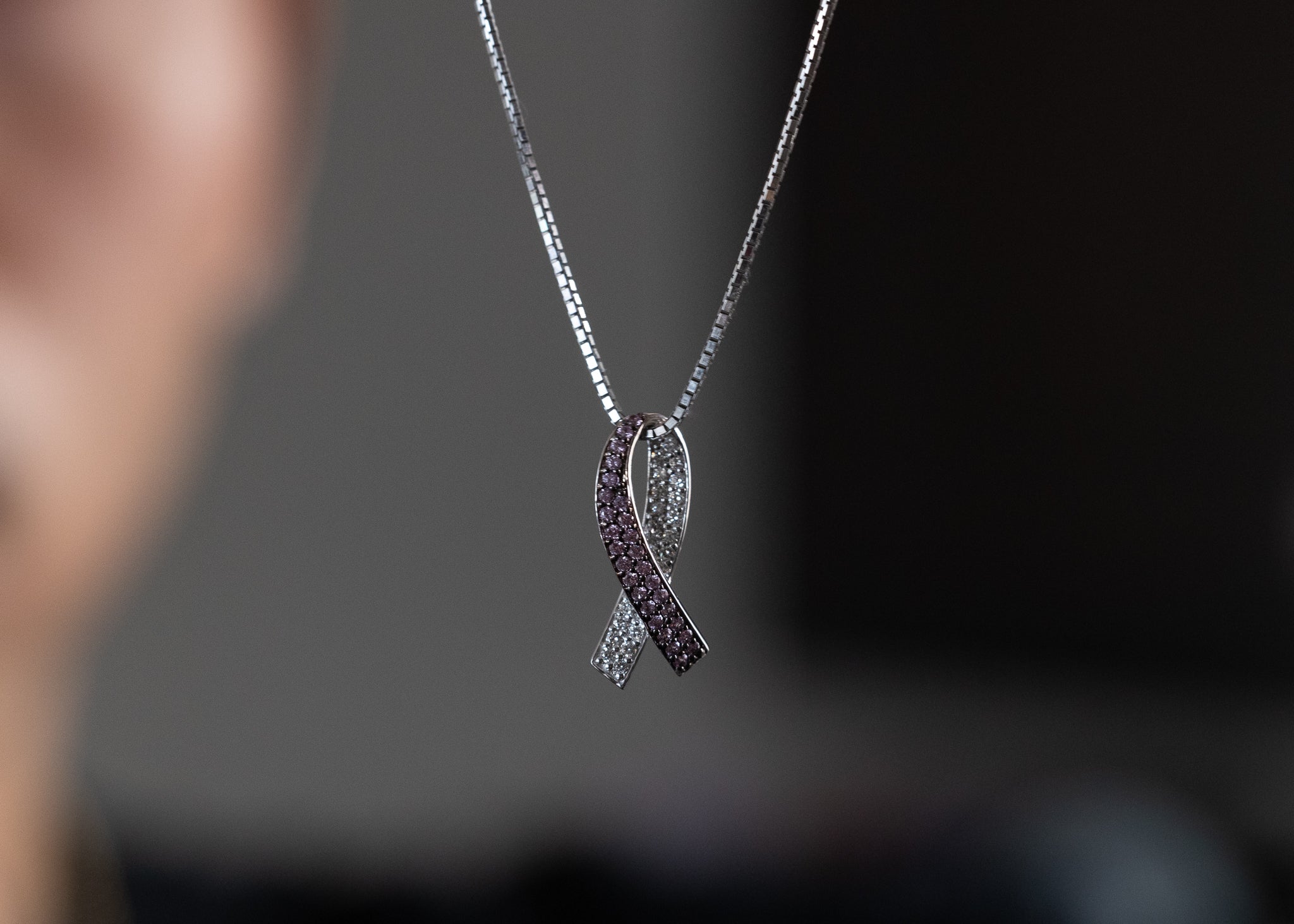White Gold Diamond and Lab-Created Pink Sapphire Awareness Ribbon Necklace Pendant - Charlie & Co. Jewelry