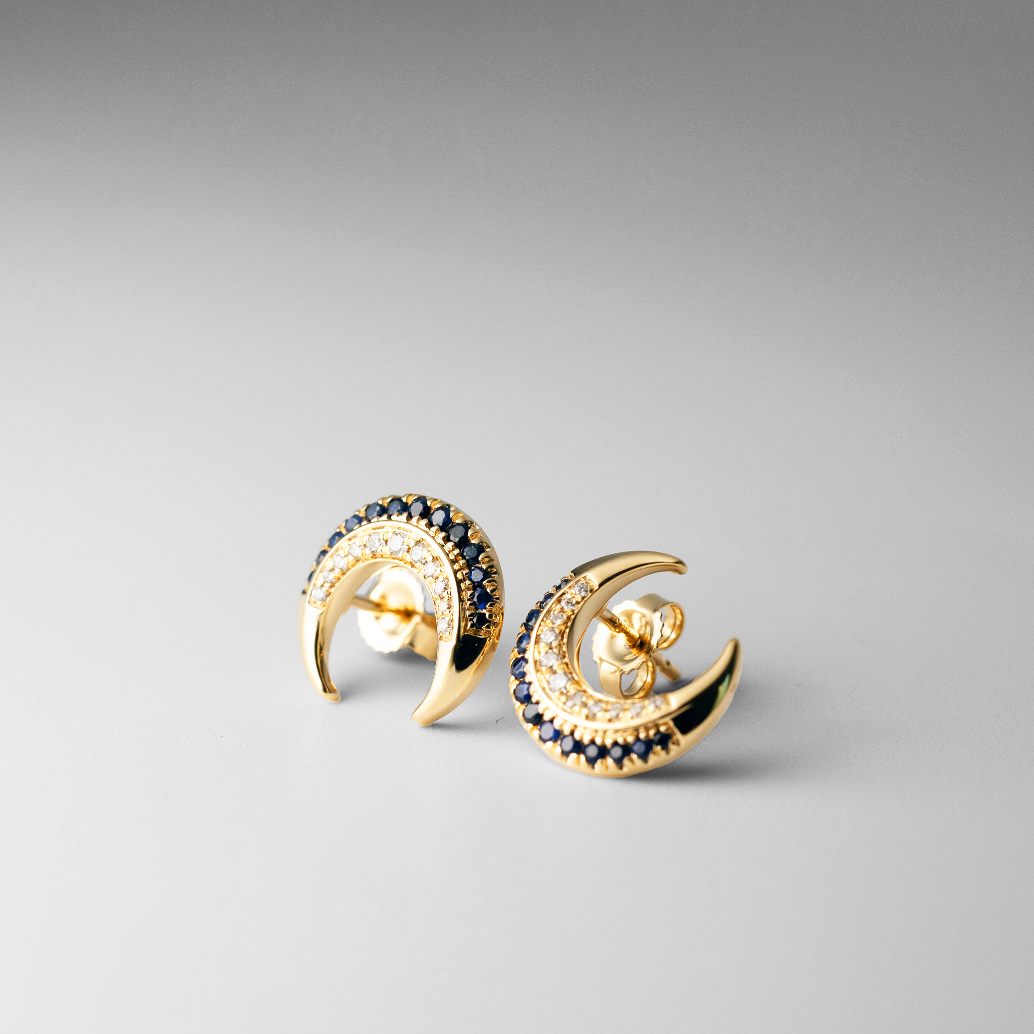Gold Polished Moon Sapphire and Diamond Post Earrings - Model EM6847-SA-011-YA - Charlie & Co. Jewelry