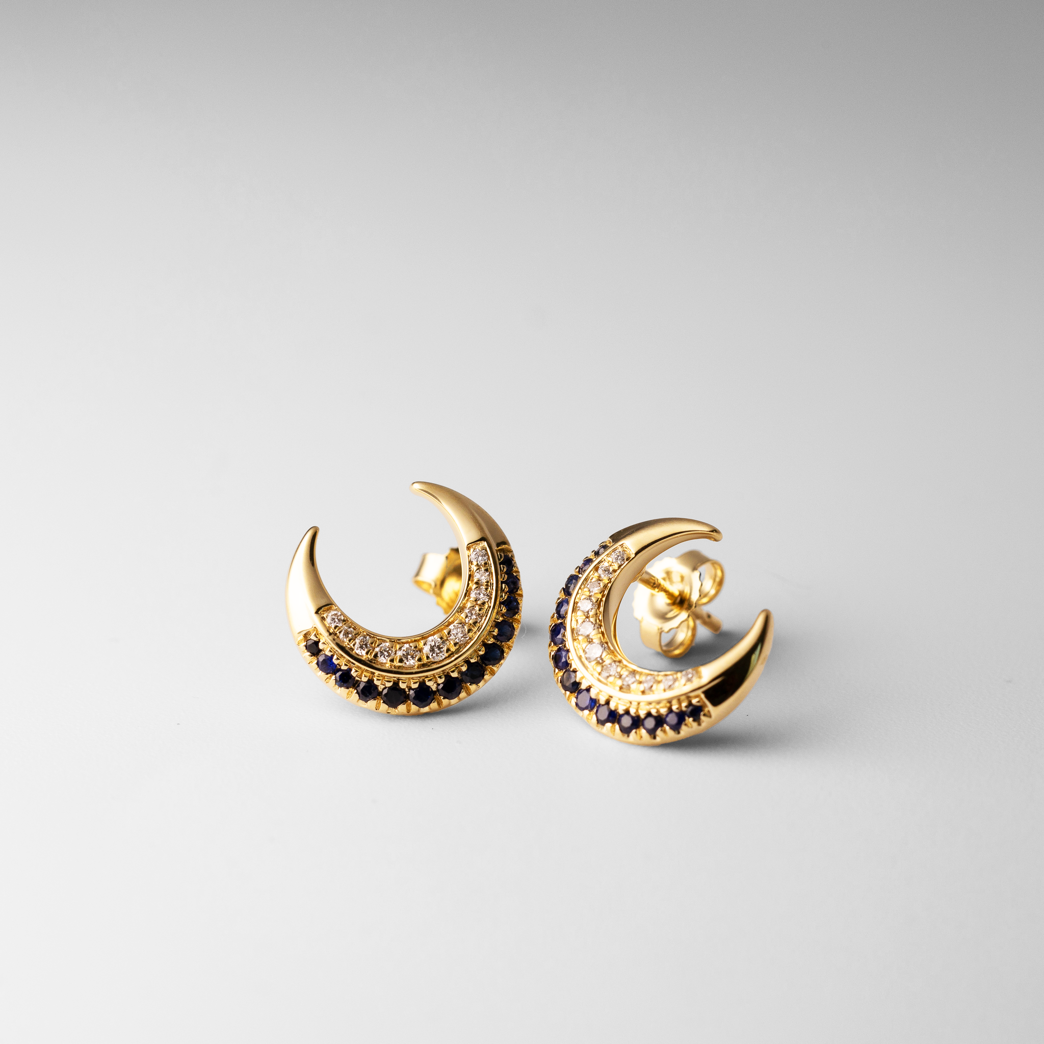 Gold Polished Moon Sapphire and Diamond Post Earrings - Model EM6847-SA-011-YA - Charlie & Co. Jewelry