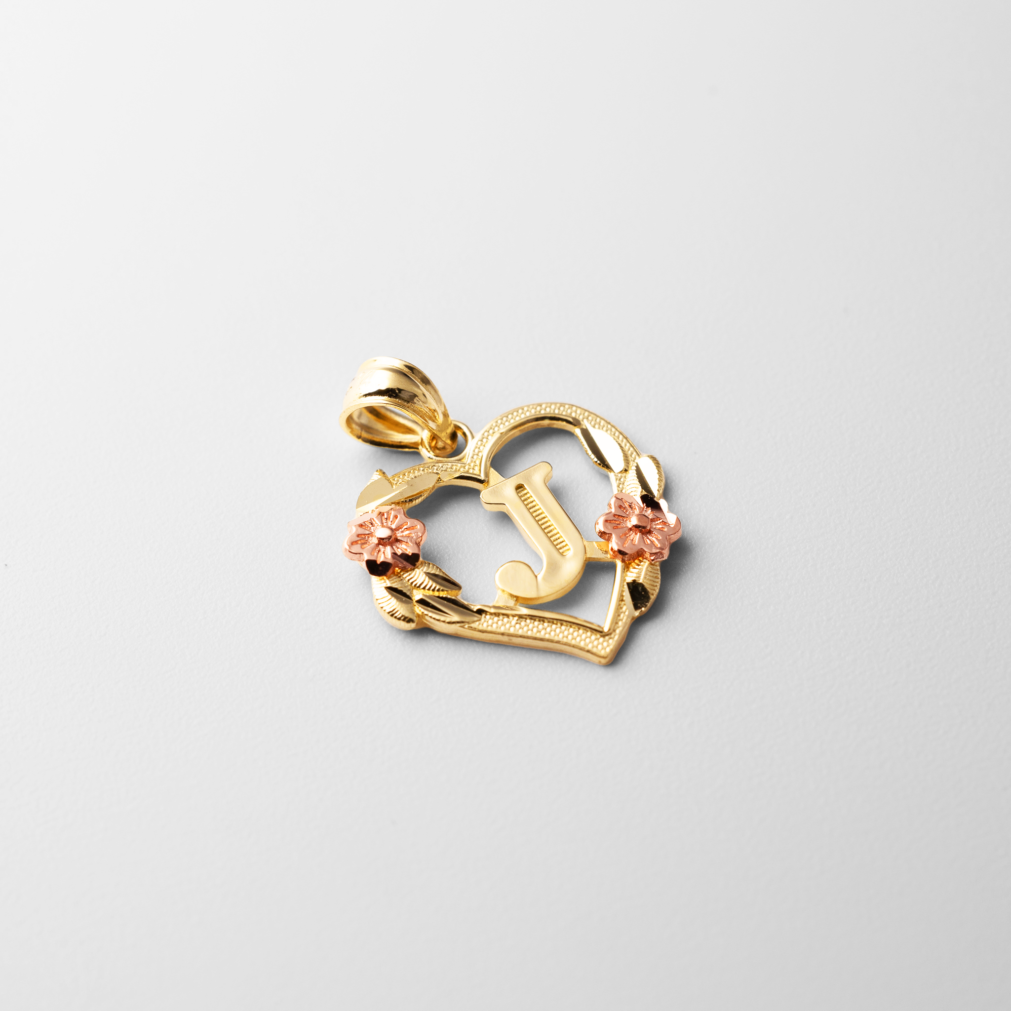 Gold Heart Letter J Pendant with Flowers | A-Z Pendants - Charlie & Co. Jewelry