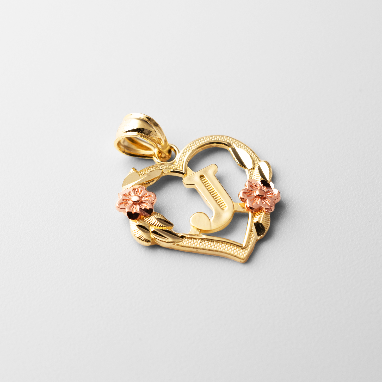 Gold Heart Letter J Pendant with Flowers | A-Z Pendants - Charlie & Co. Jewelry