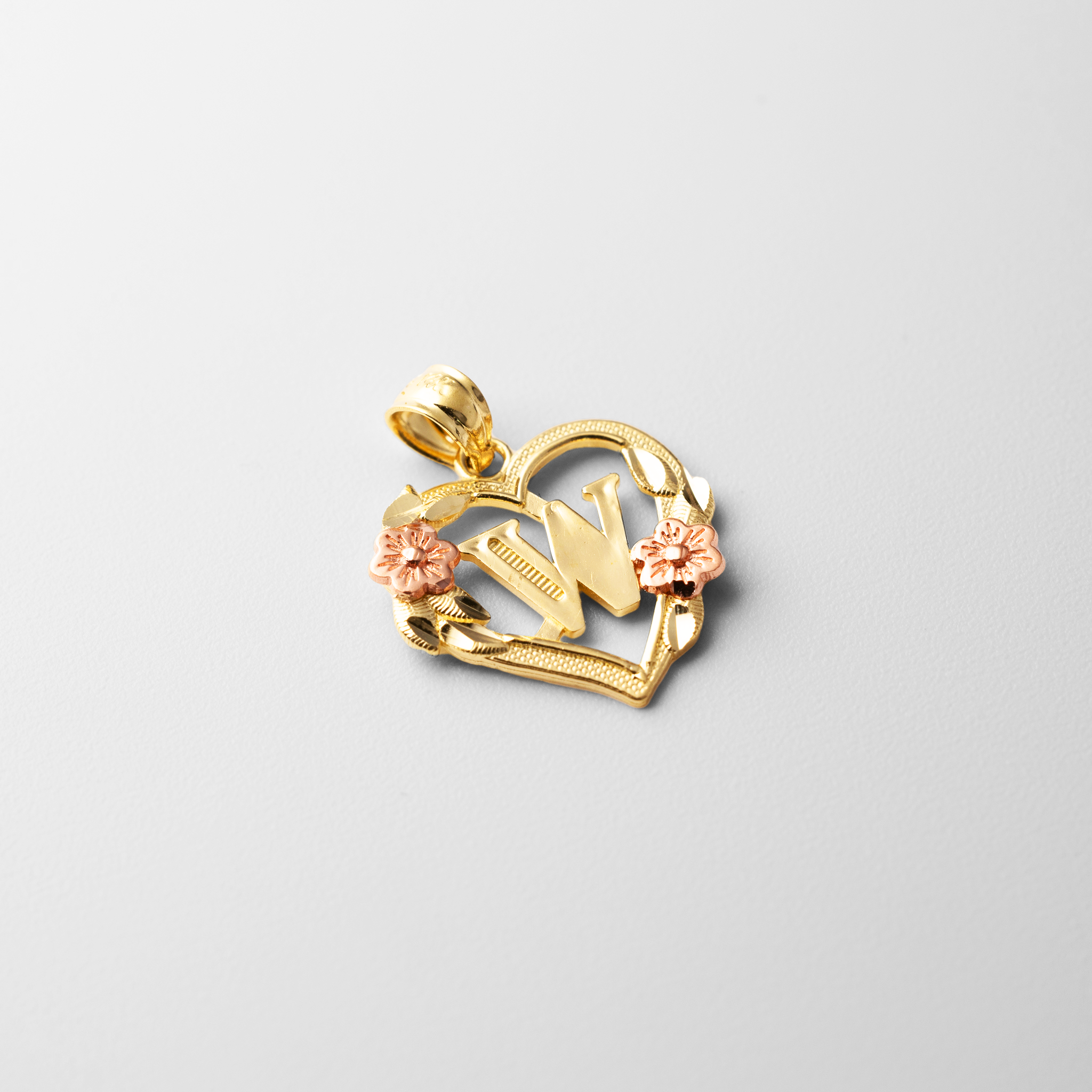 Gold Heart Letter W Pendant with Flowers | A-Z Pendants - Charlie & Co. Jewelry