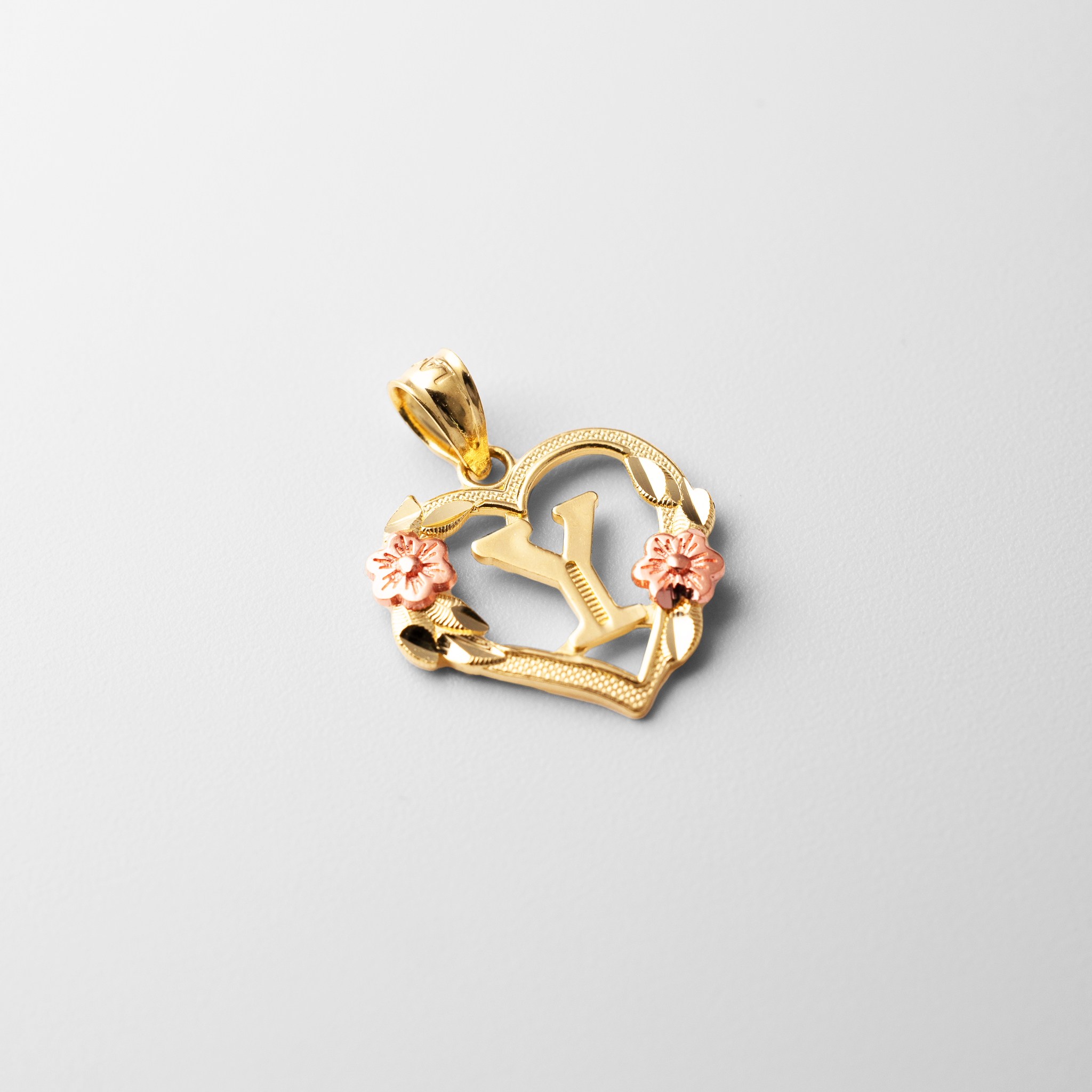 Gold Heart Letter Y Pendant with Flowers | A-Z Pendants - Charlie & Co. Jewelry