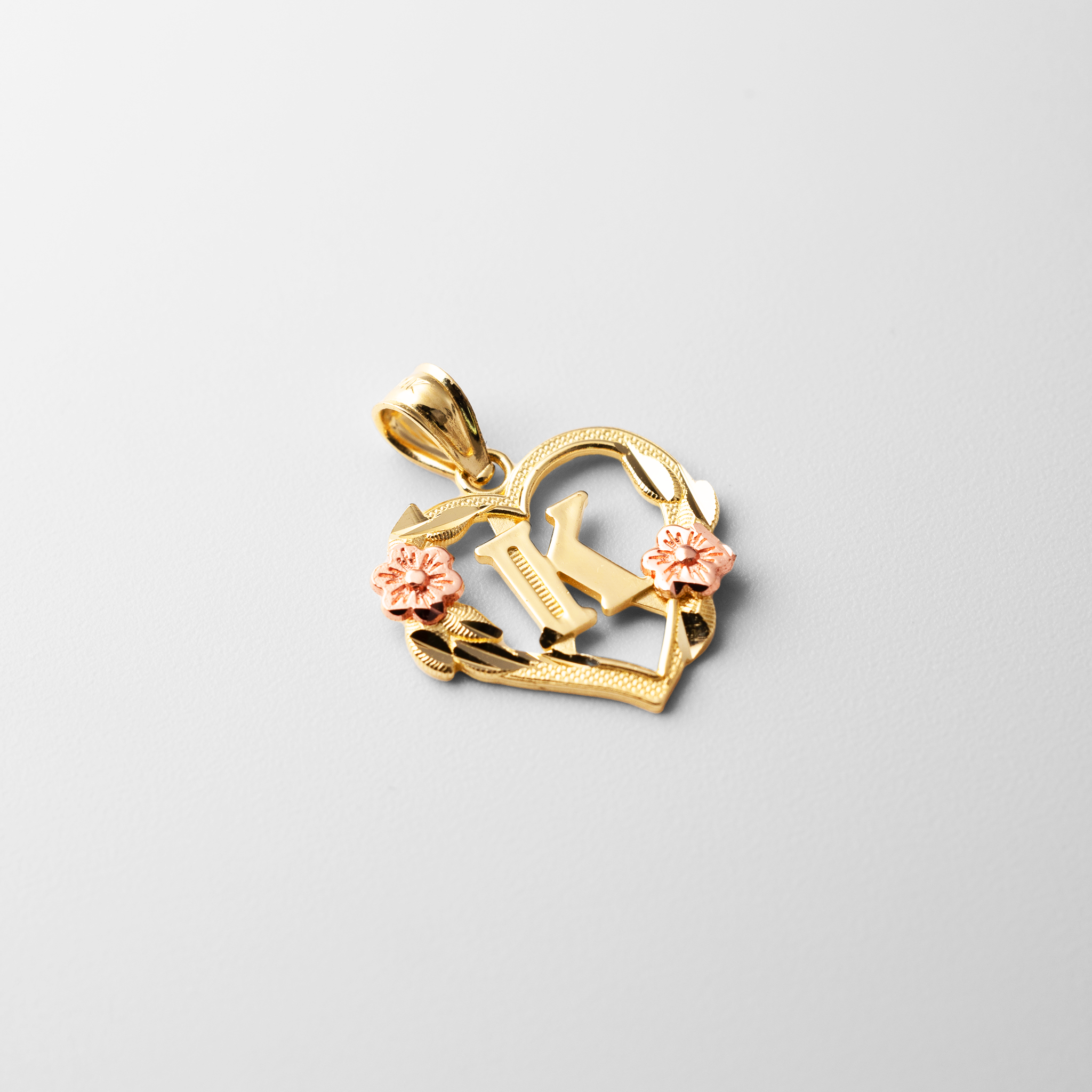 Gold Heart Letter K Pendant with Flowers | A-Z Pendants - Charlie & Co. Jewelry