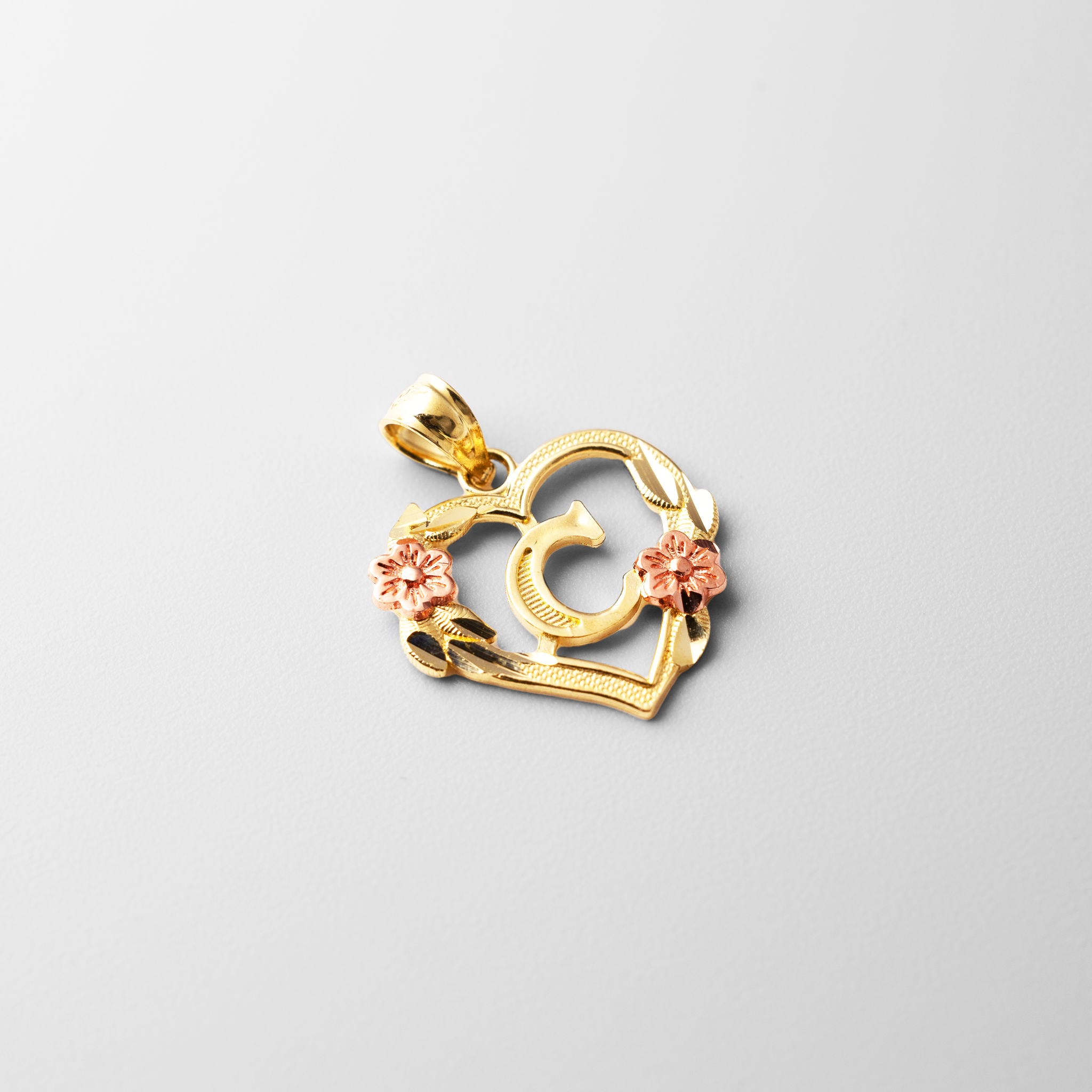 Gold Heart Letter C Pendant with Flowers | A-Z Pendants - Charlie & Co. Jewelry