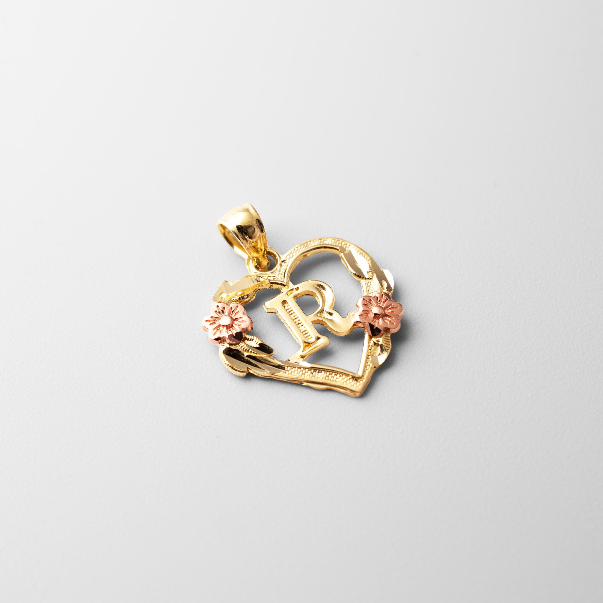 Gold Heart Letter R Pendant with Flowers | A-Z Pendants - Charlie & Co. Jewelry