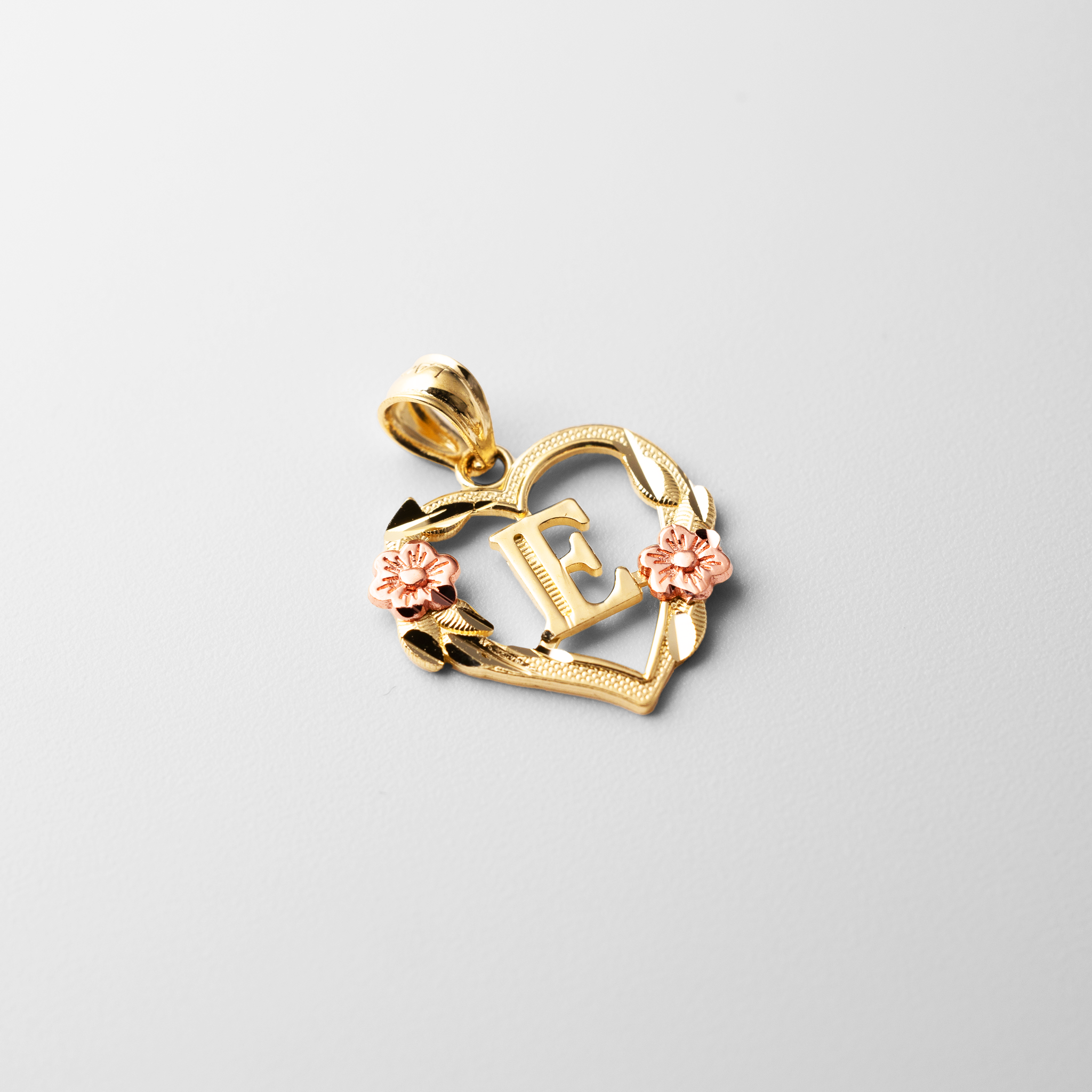 Gold Heart Letter E Pendant with Flowers | A-Z Pendants - Charlie & Co. Jewelry