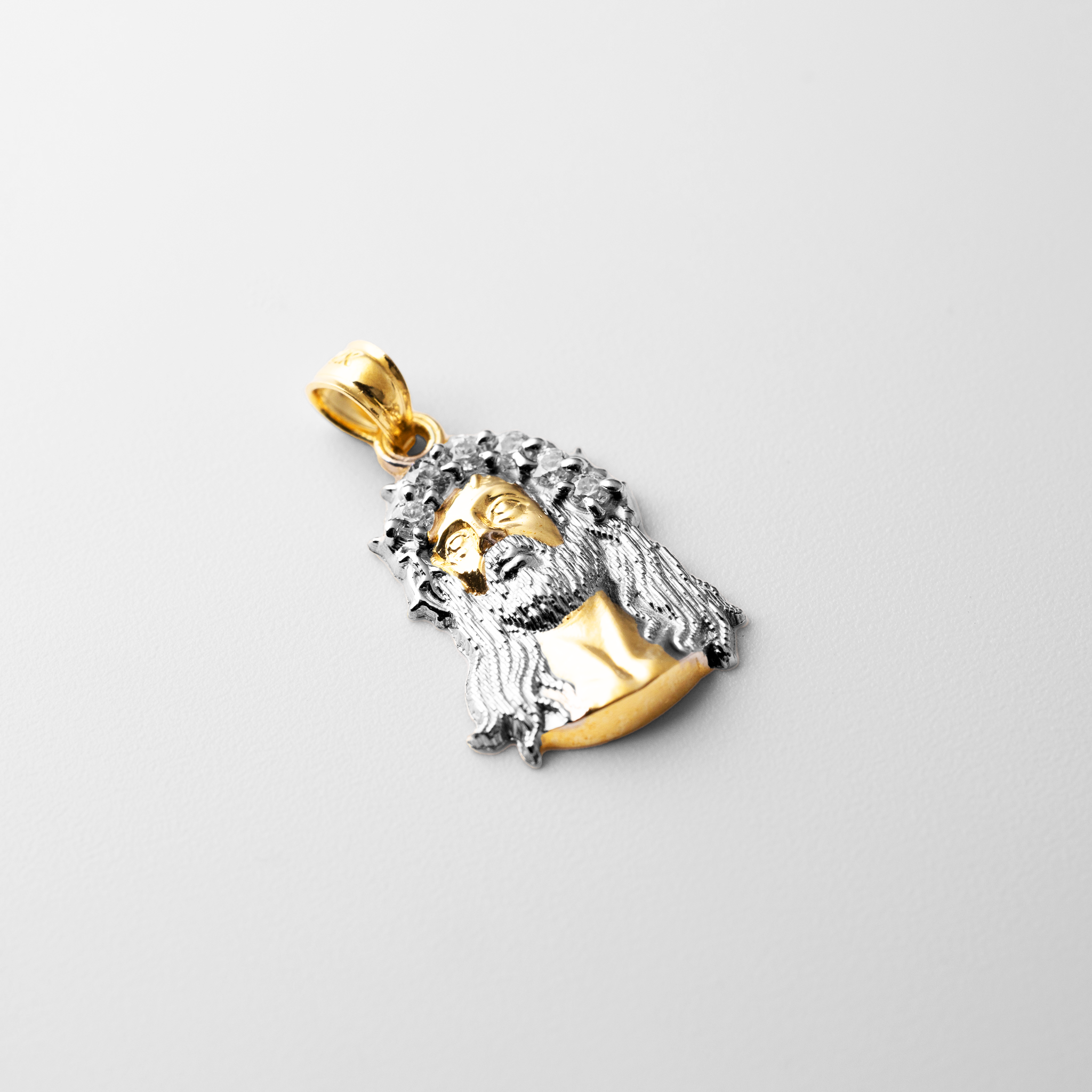 Gold CZ Jesus Christ Head Pendant - Model 1184 - Charlie & Co. Jewelry