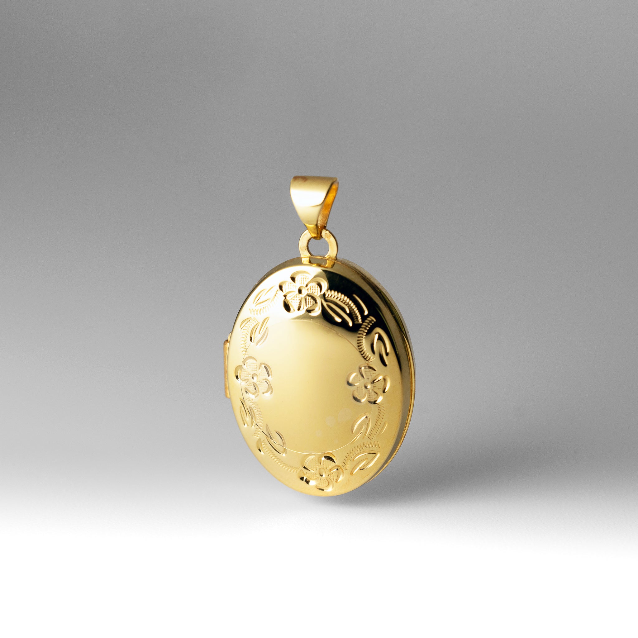 Gold Hand Engraved Floral Oval Locket Pendant - Model XL113 - Charlie & Co. Jewelry