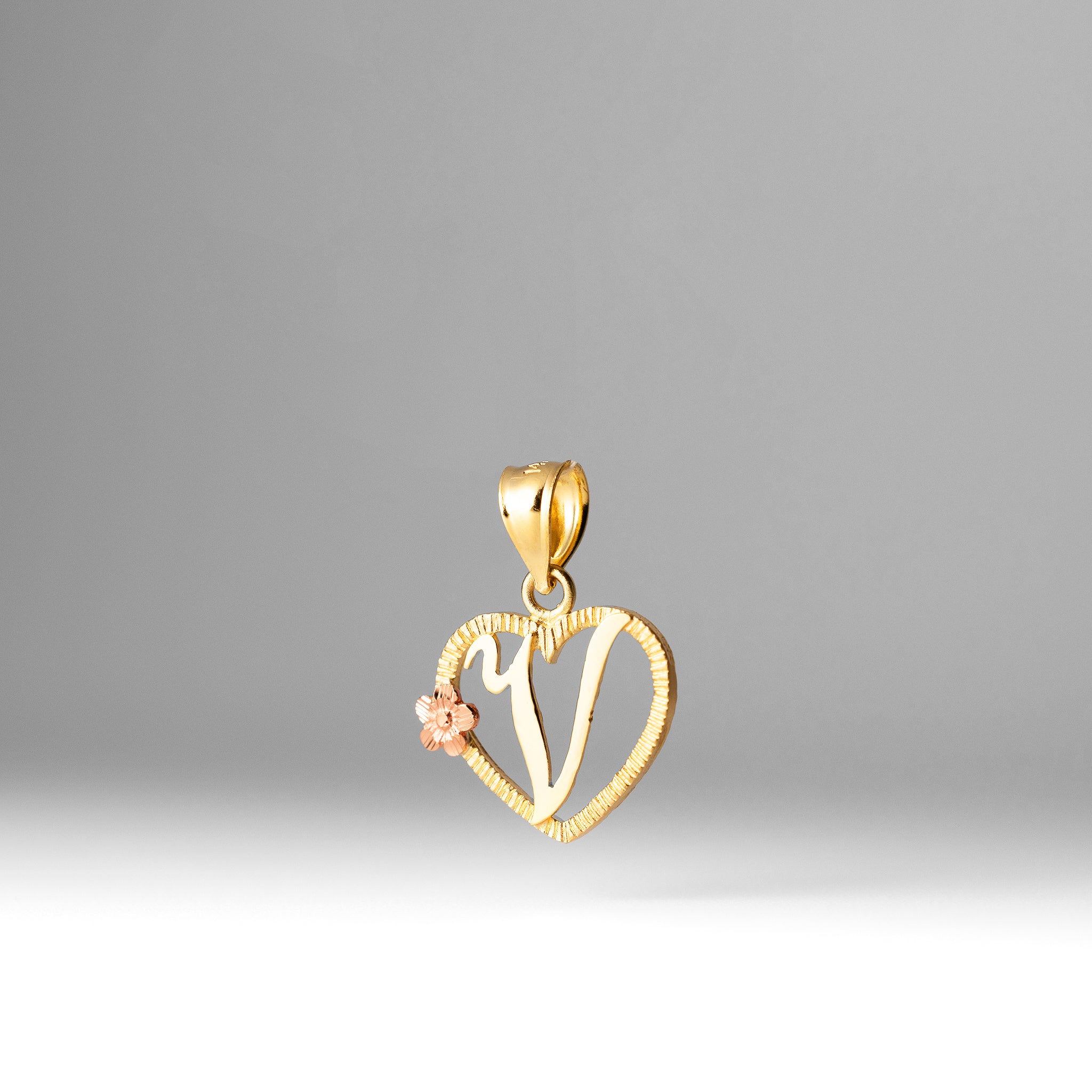 Gold Script Letter 'V' Heart Charm with Floral Accent - Charlie & Co. Jewelry