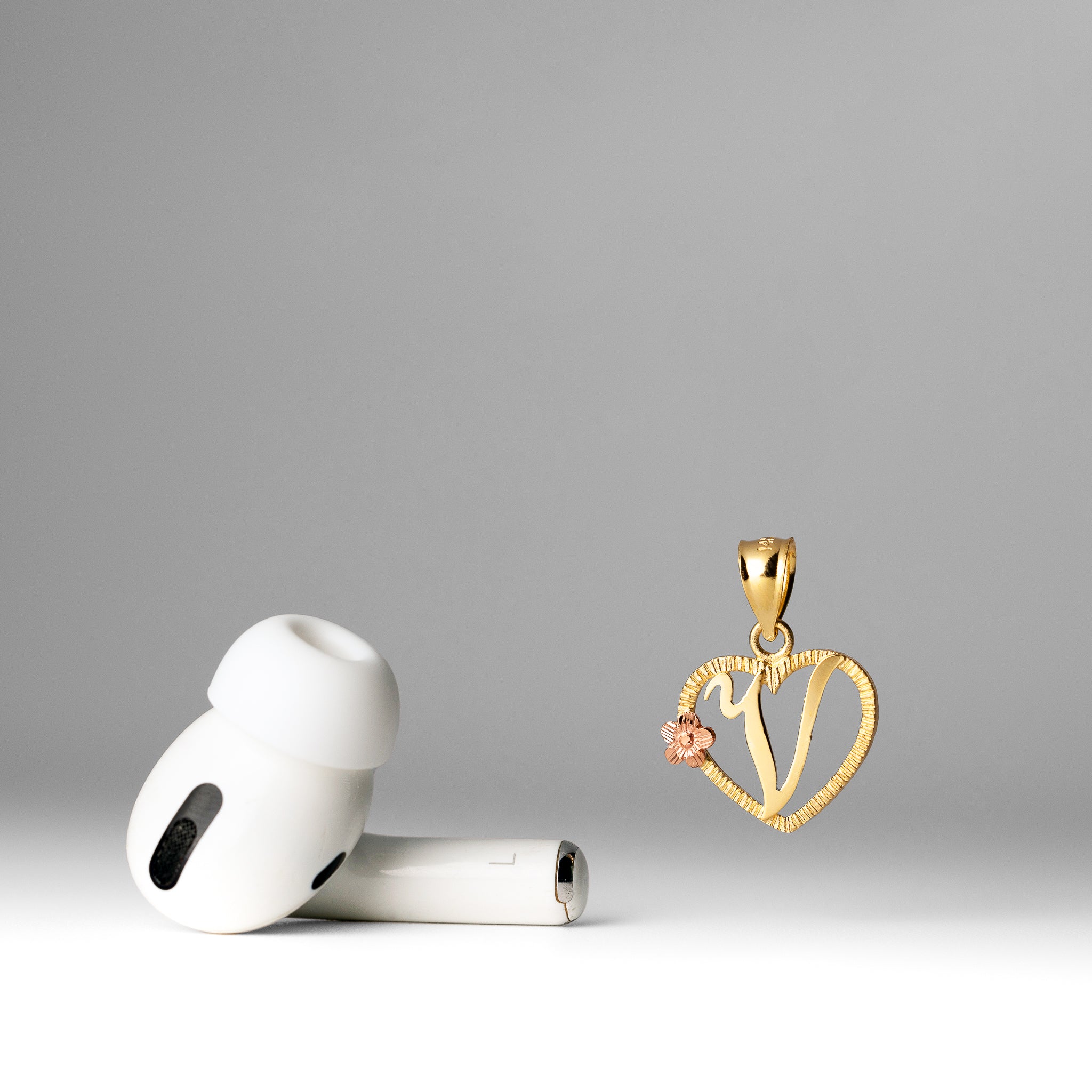 Gold Script Letter 'V' Heart Charm with Floral Accent - Charlie & Co. Jewelry