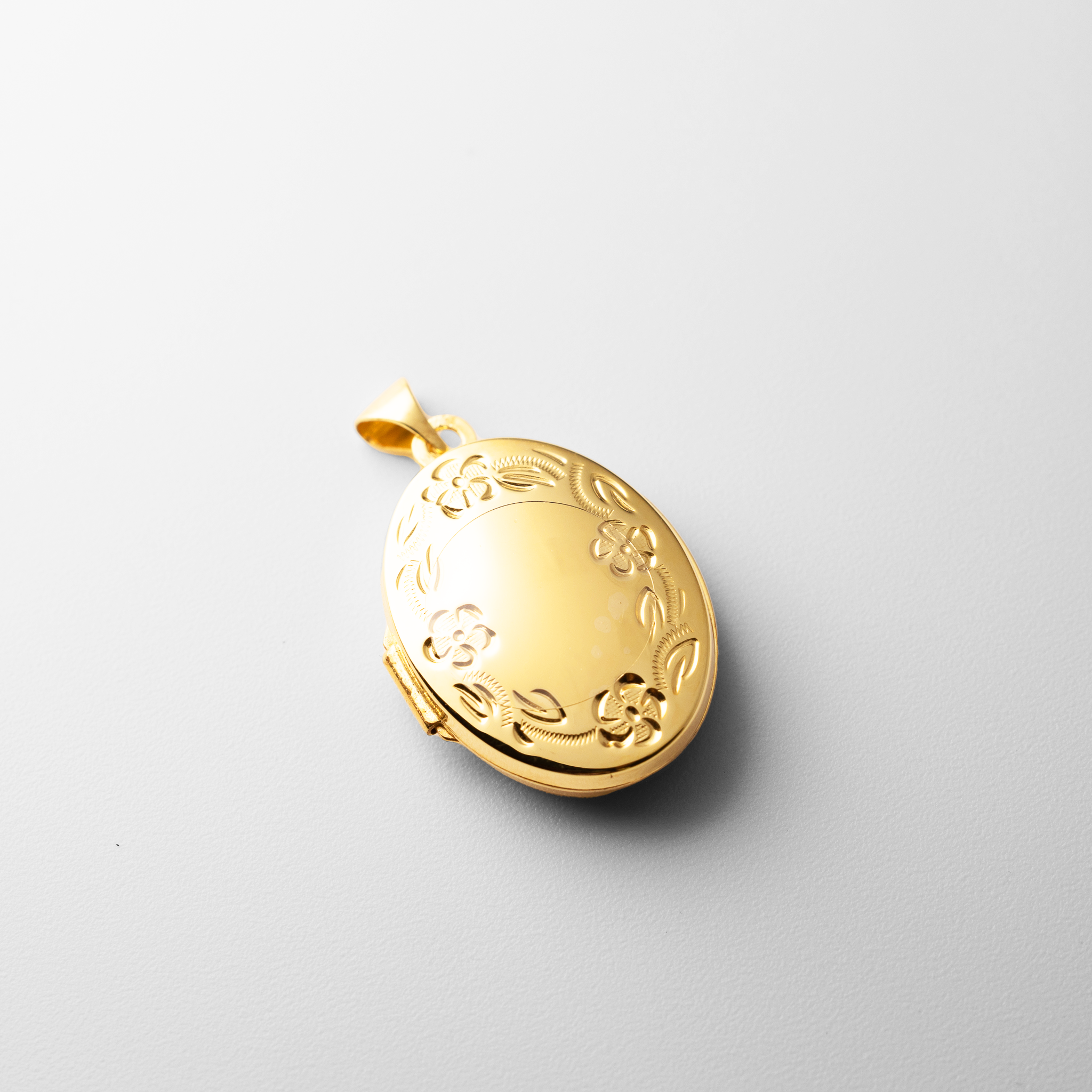 Gold Hand Engraved Floral Oval Locket Pendant - Model XL113 - Charlie & Co. Jewelry
