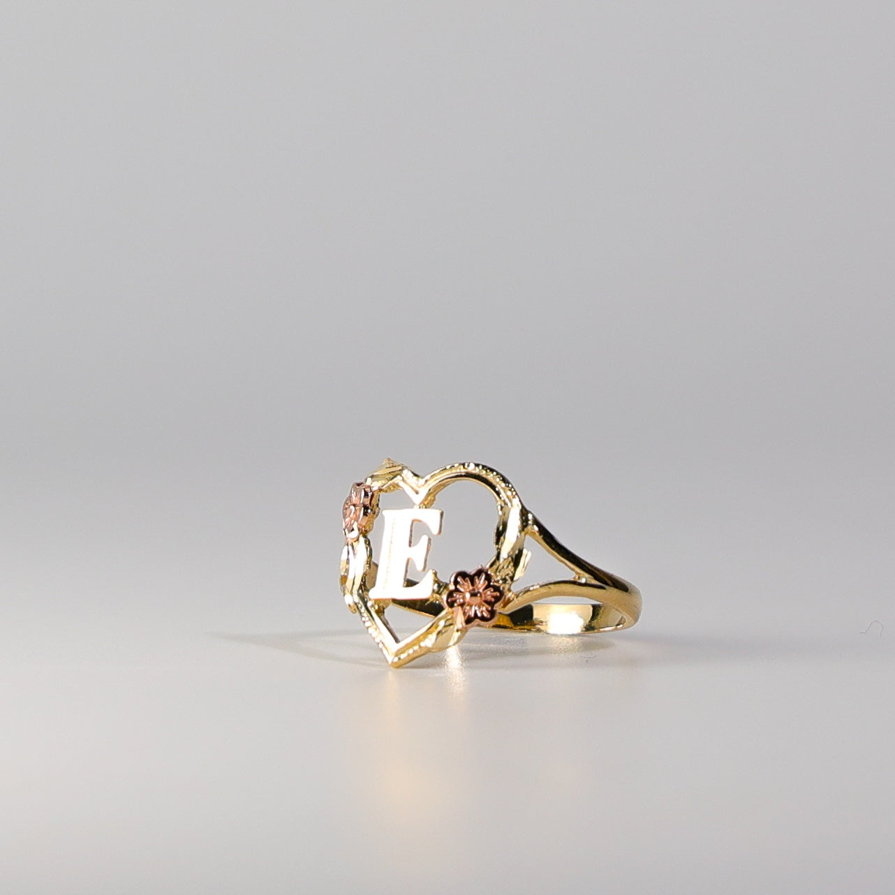 14K Gold Heart & Rose Initial "E" Ring