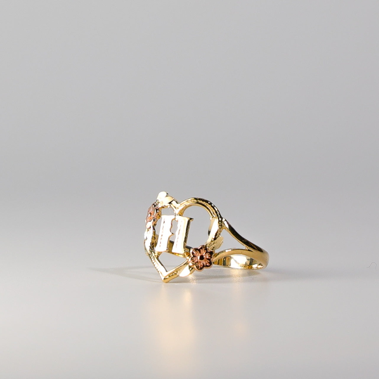 14K Gold Heart & Rose Initial "H" Ring