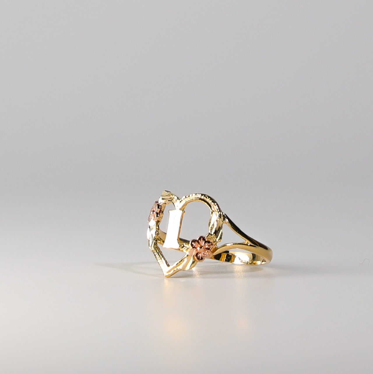 14K Gold Heart & Rose Initial "I" Ring