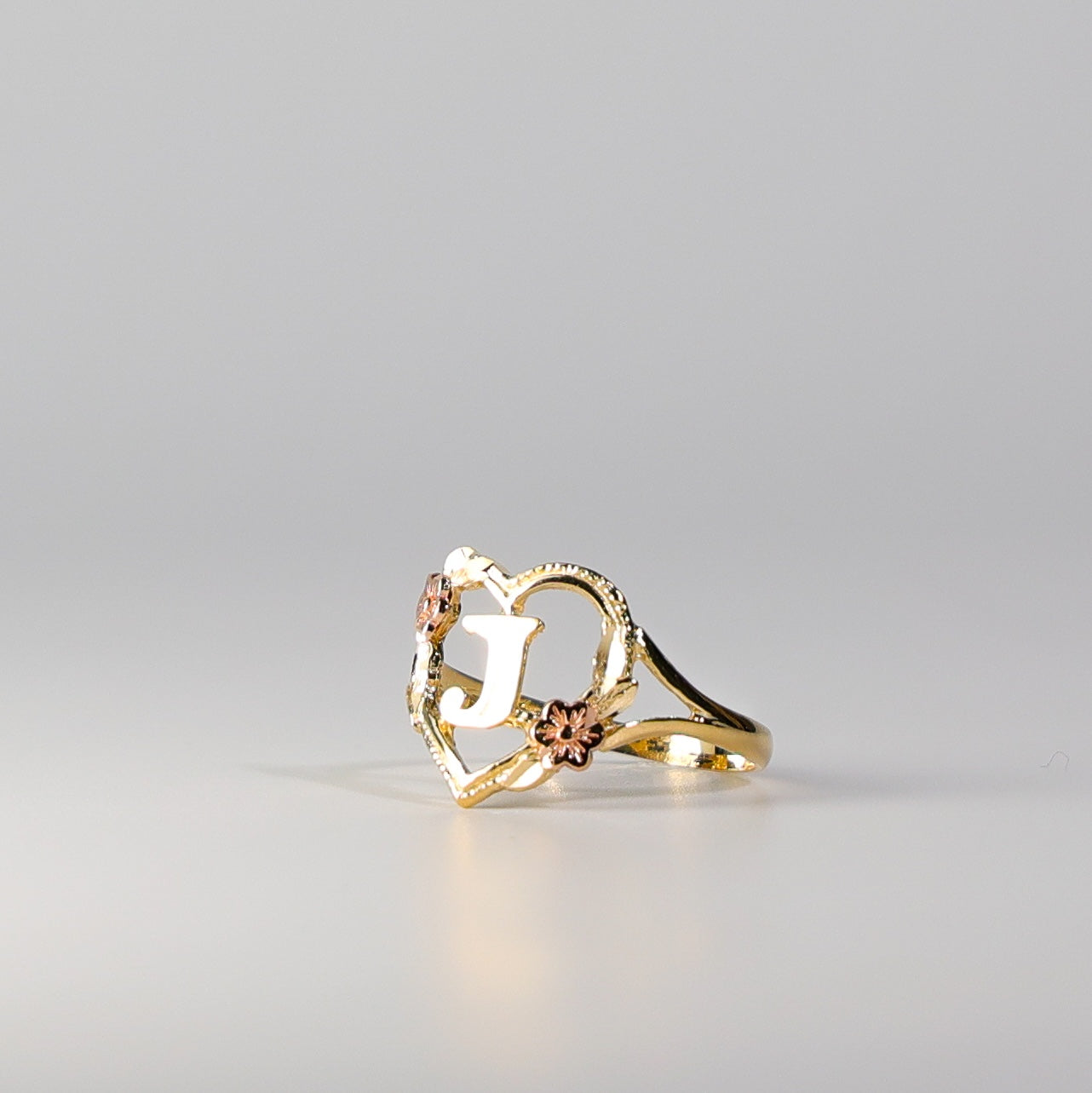 14K Gold Heart & Rose Initial "J" Ring