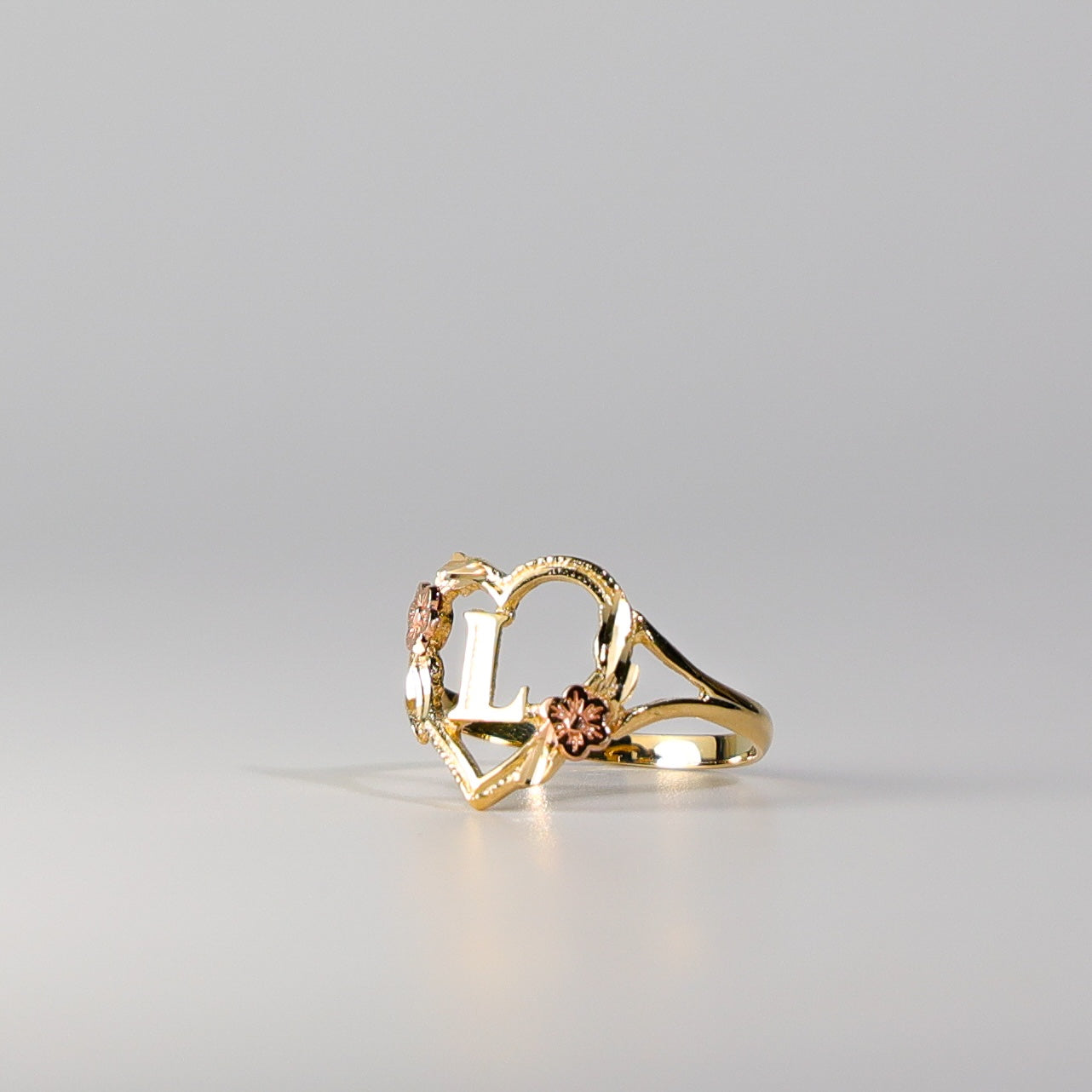 14K Gold Heart & Rose Initial "L" Ring