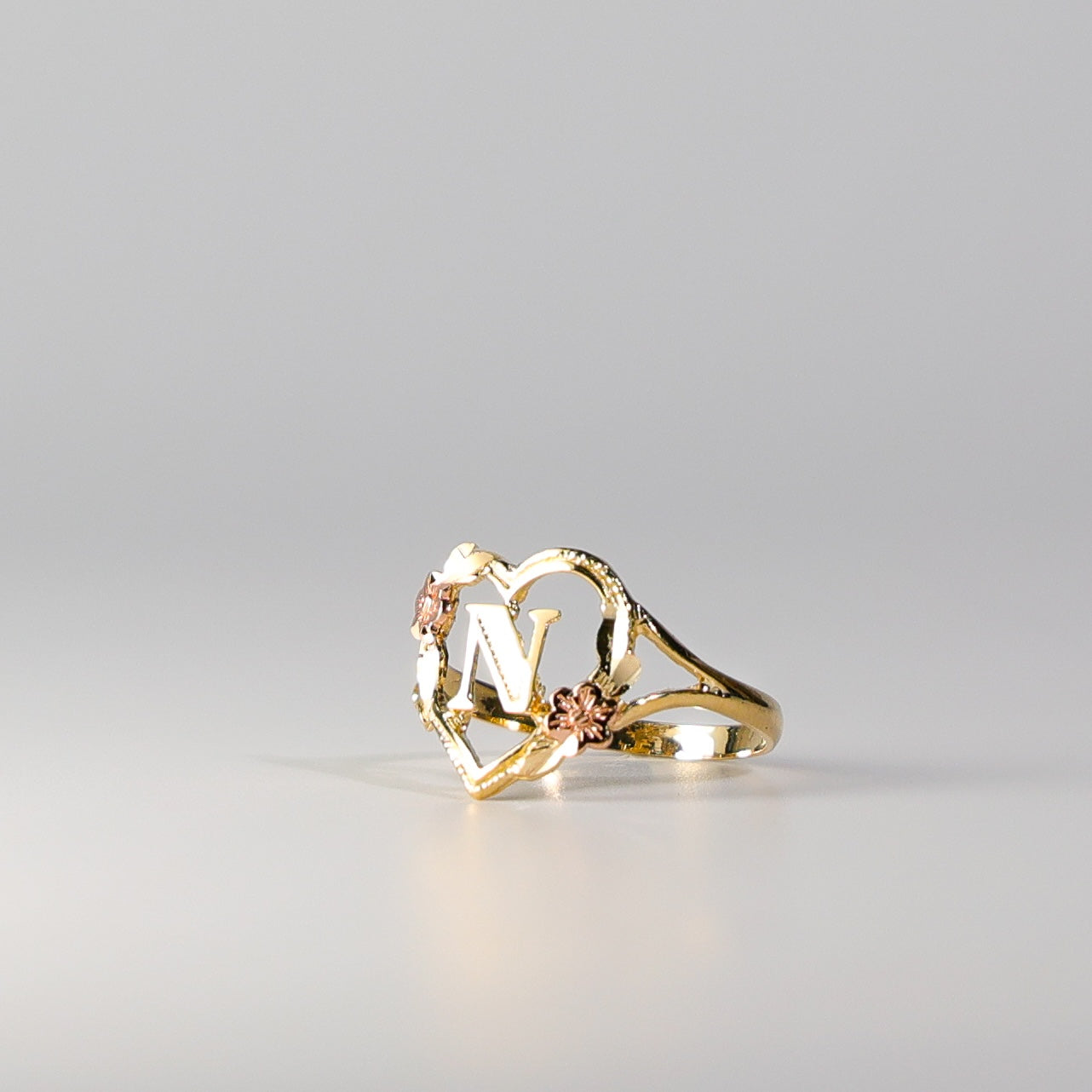 14K Gold Heart & Rose Initial "N" Ring