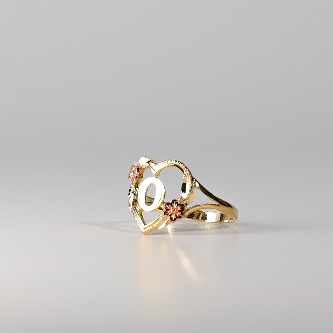 14K Gold Heart & Rose Initial "O" Ring