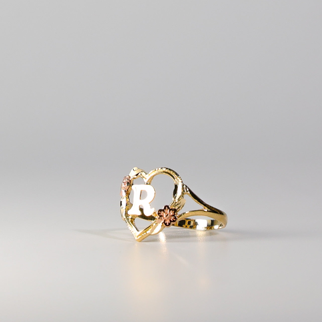 14K Gold Heart & Rose Initial "R" Ring