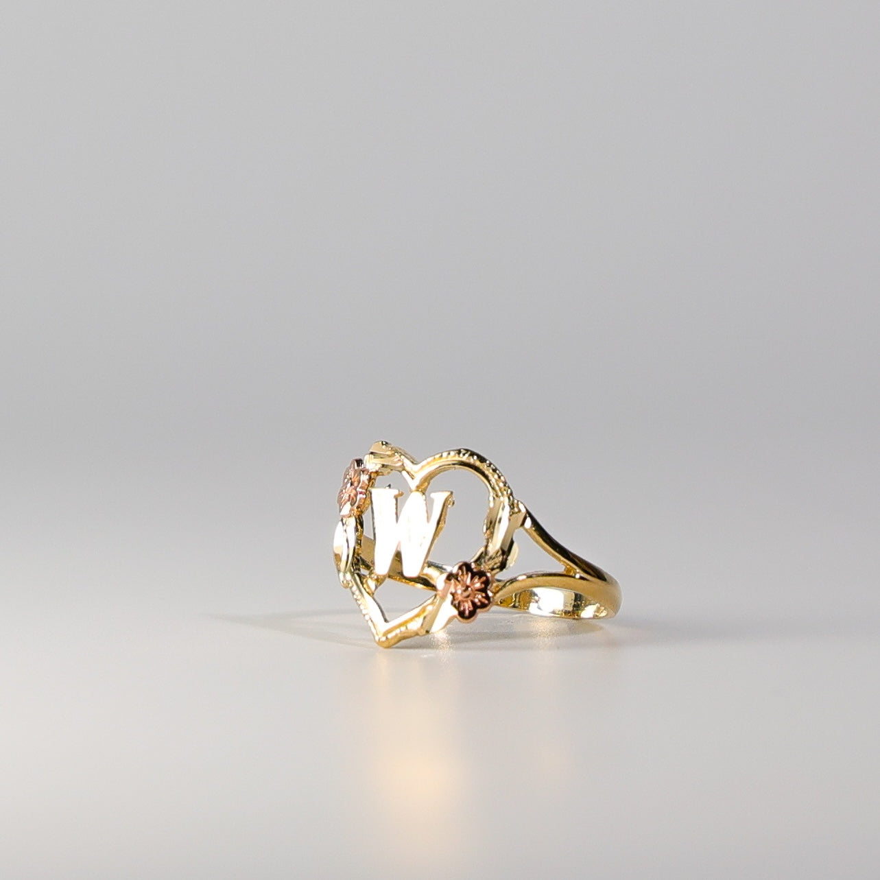 14K Gold Heart & Rose Initial "W" Ring