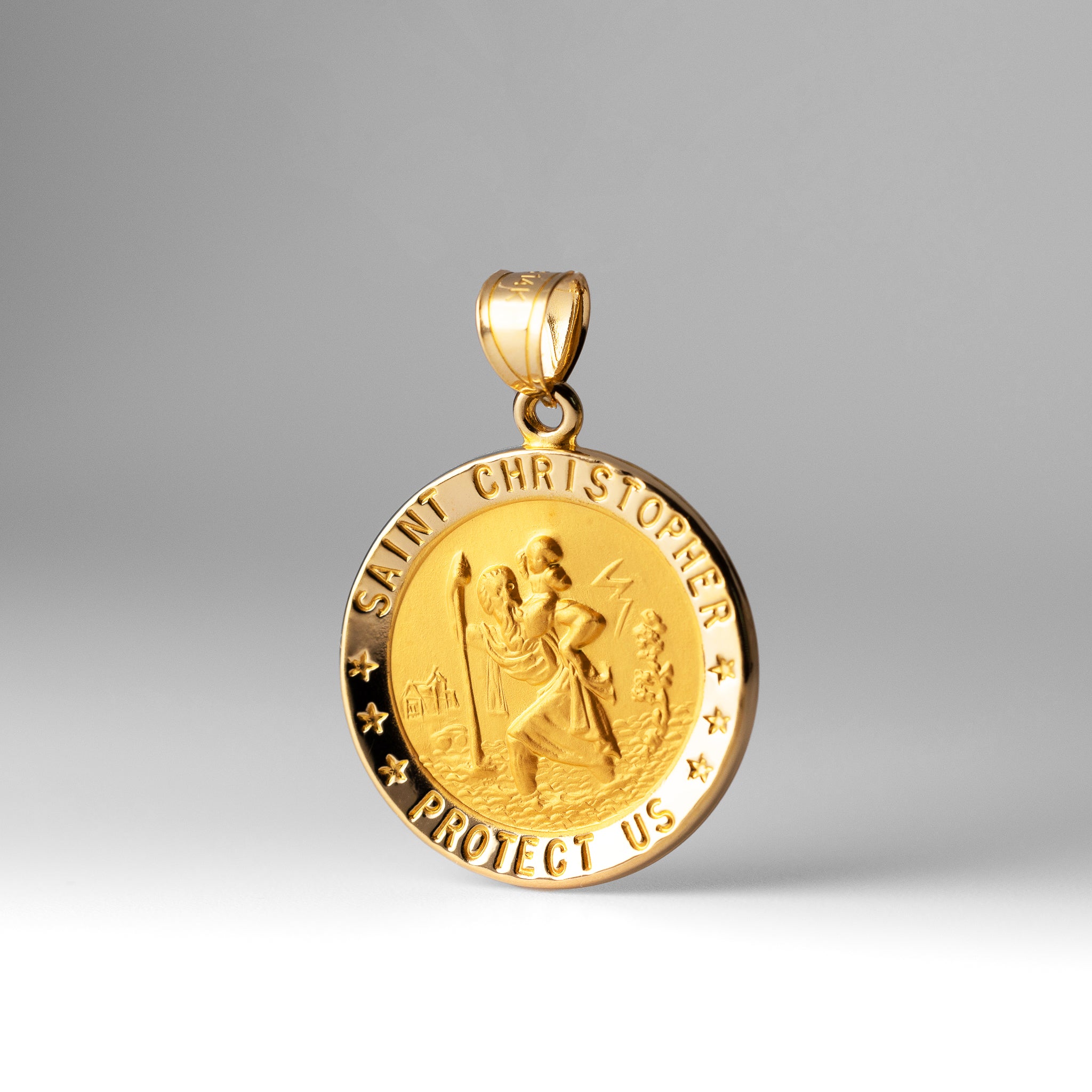 Gold Large Saint Christopher Round Hollow Medal Pendant - Model 1239 - Charlie & Co. Jewelry