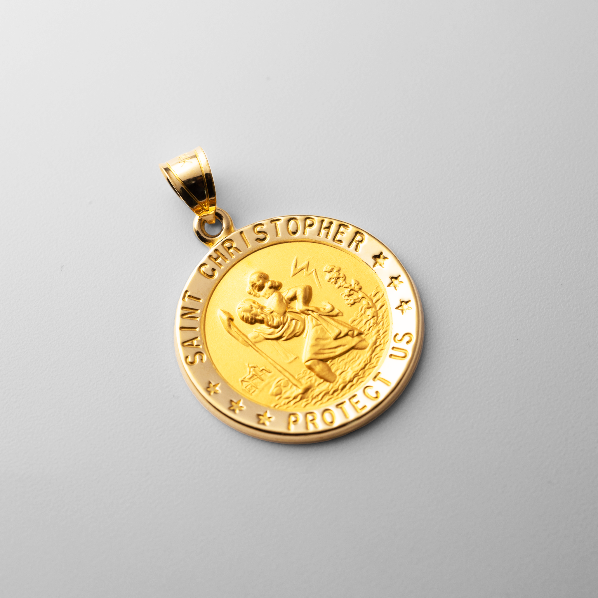 Gold Large Saint Christopher Round Hollow Medal Pendant - Model 1239 - Charlie & Co. Jewelry