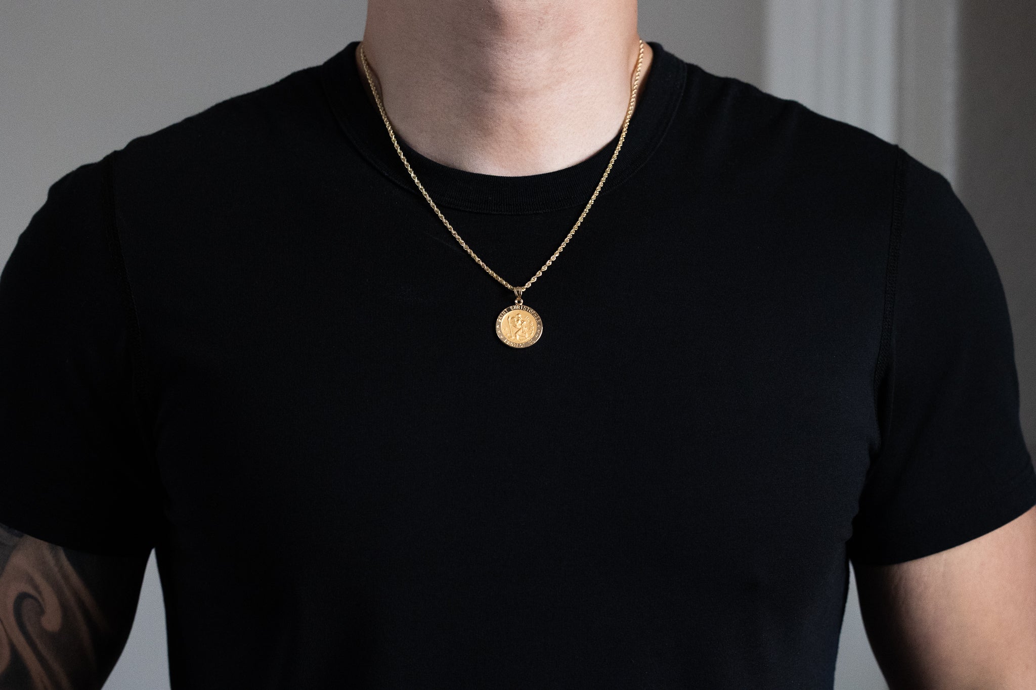 Gold Large Saint Christopher Round Hollow Medal Pendant - Model 1239 - Charlie & Co. Jewelry