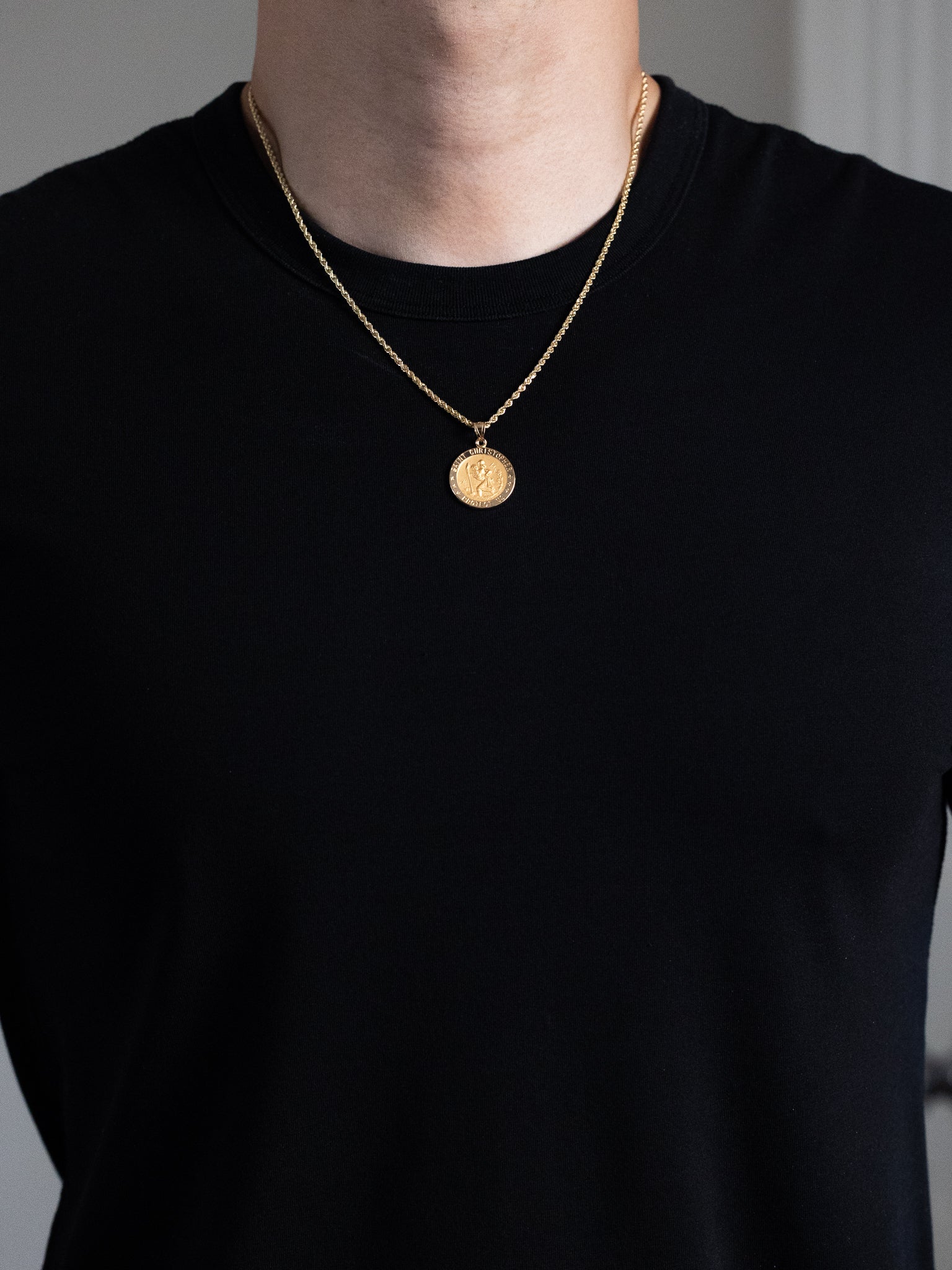 Gold Large Saint Christopher Round Hollow Medal Pendant - Model 1239 - Charlie & Co. Jewelry