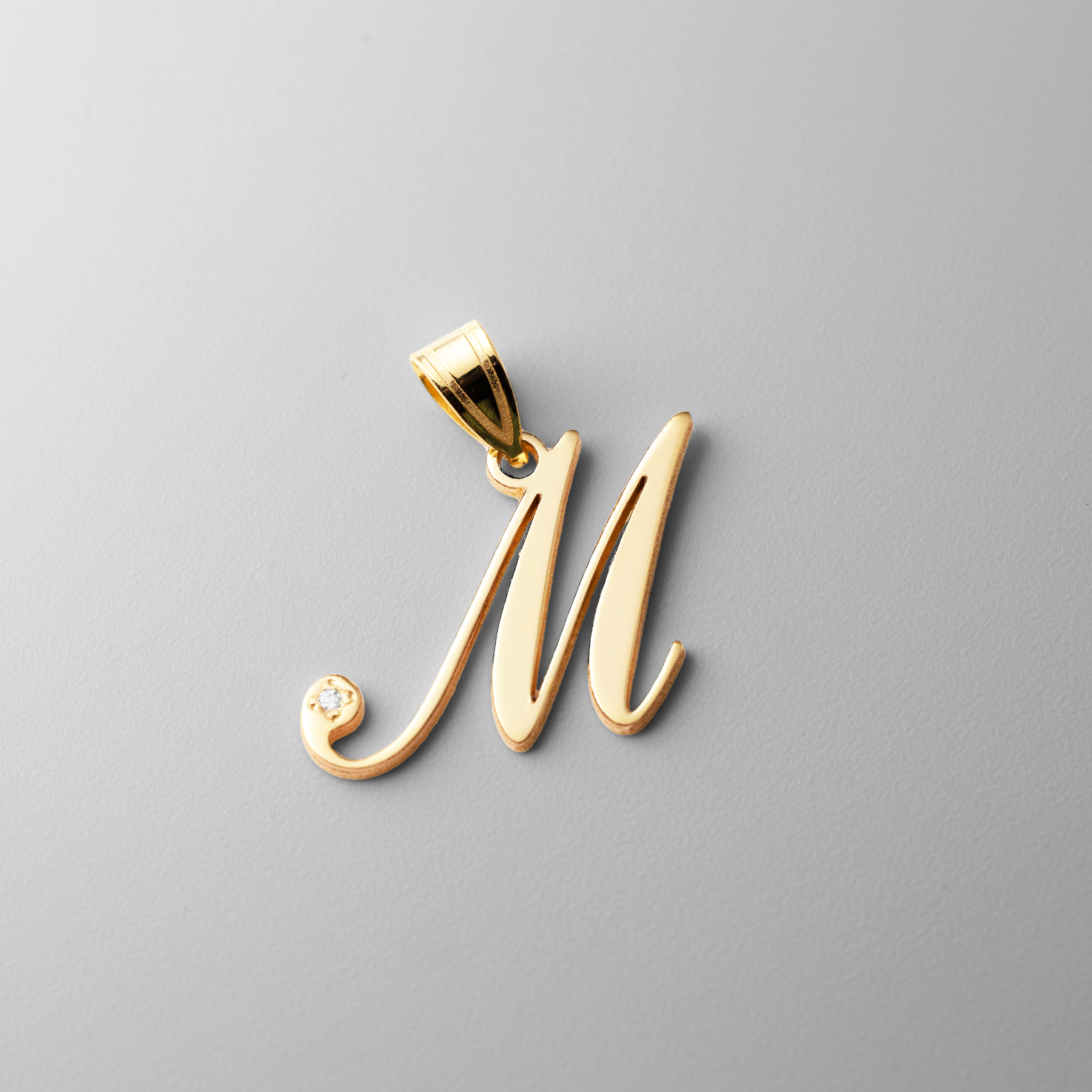 Gold Script Letter M Initial Pendant with Diamond - Model YC252M - Charlie & Co. Jewelry