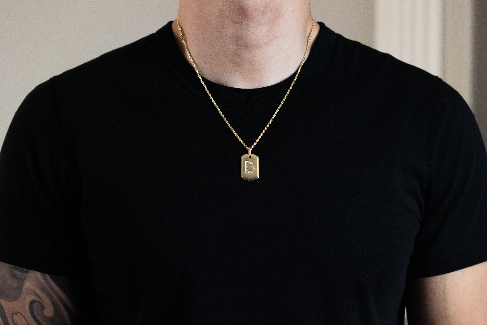 Gold Initial "D" Dog Tag Pendant With Diamonds - Charlie & Co. Jewelry