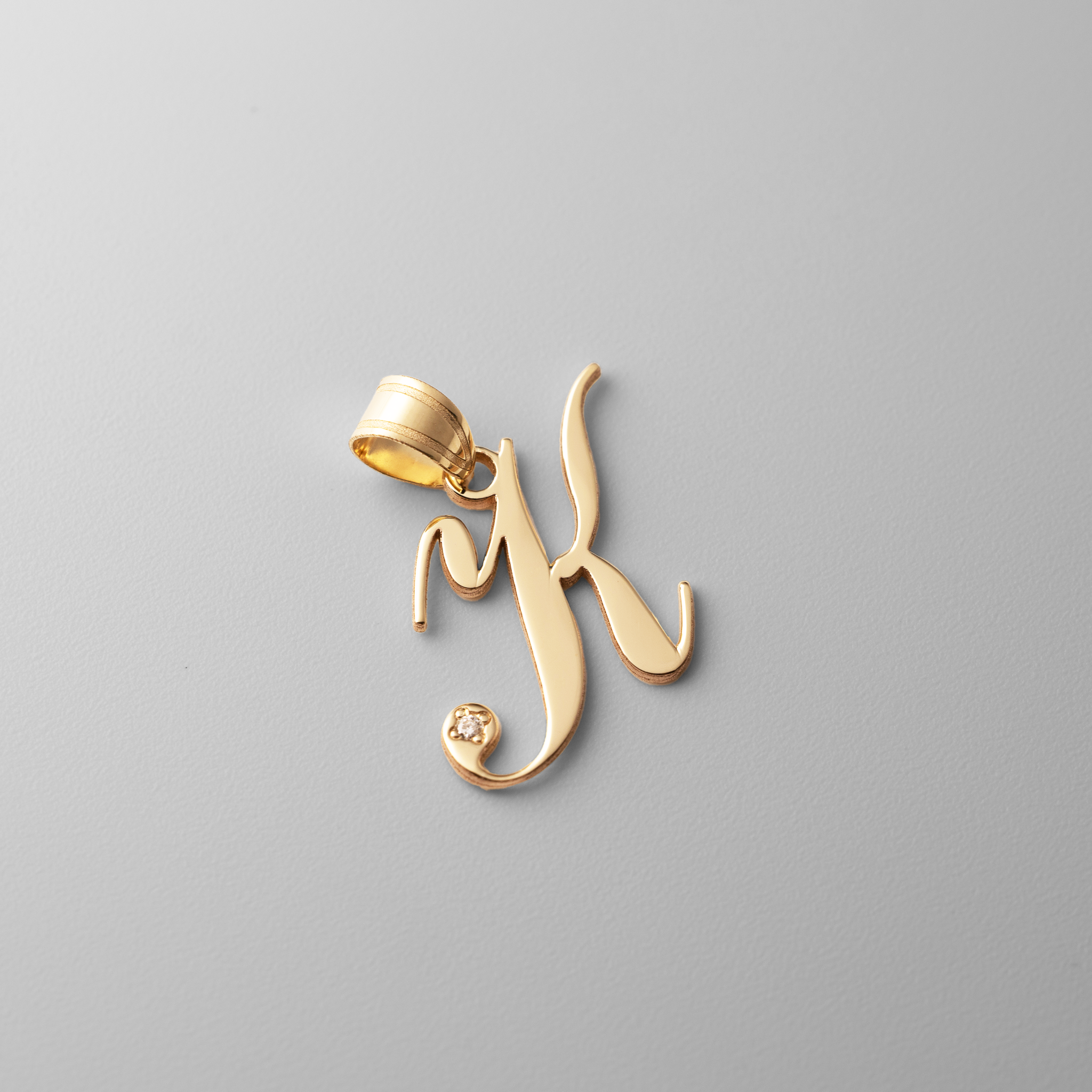 Gold Script Letter K Initial Pendant with Diamond - Model YC252K - Charlie & Co. Jewelry
