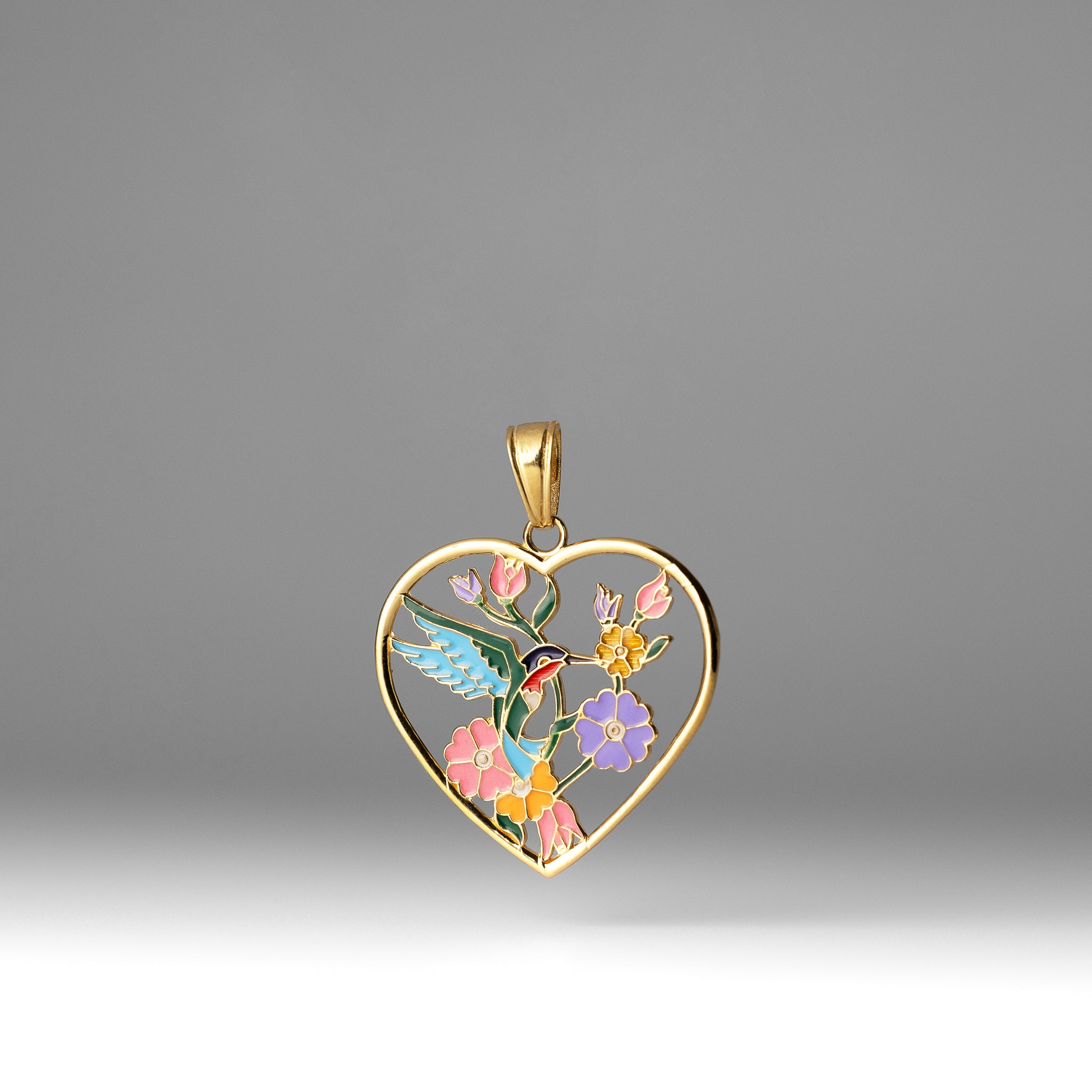 Gold Enameled Hummingbird and Flowers Heart Charm - Charlie & Co. Jewelry