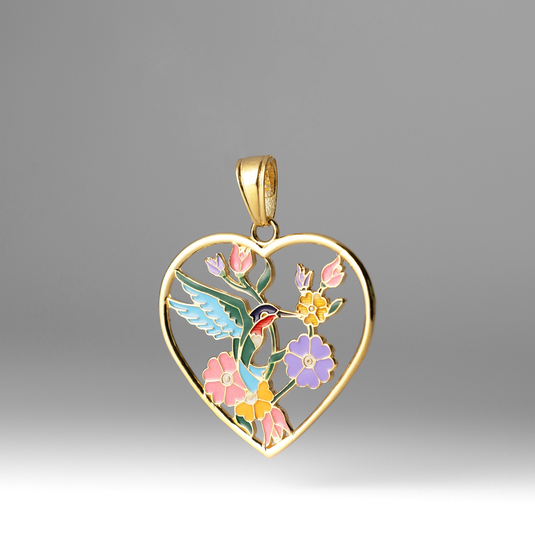 Gold Enameled Hummingbird and Flowers Heart Charm - Charlie & Co. Jewelry