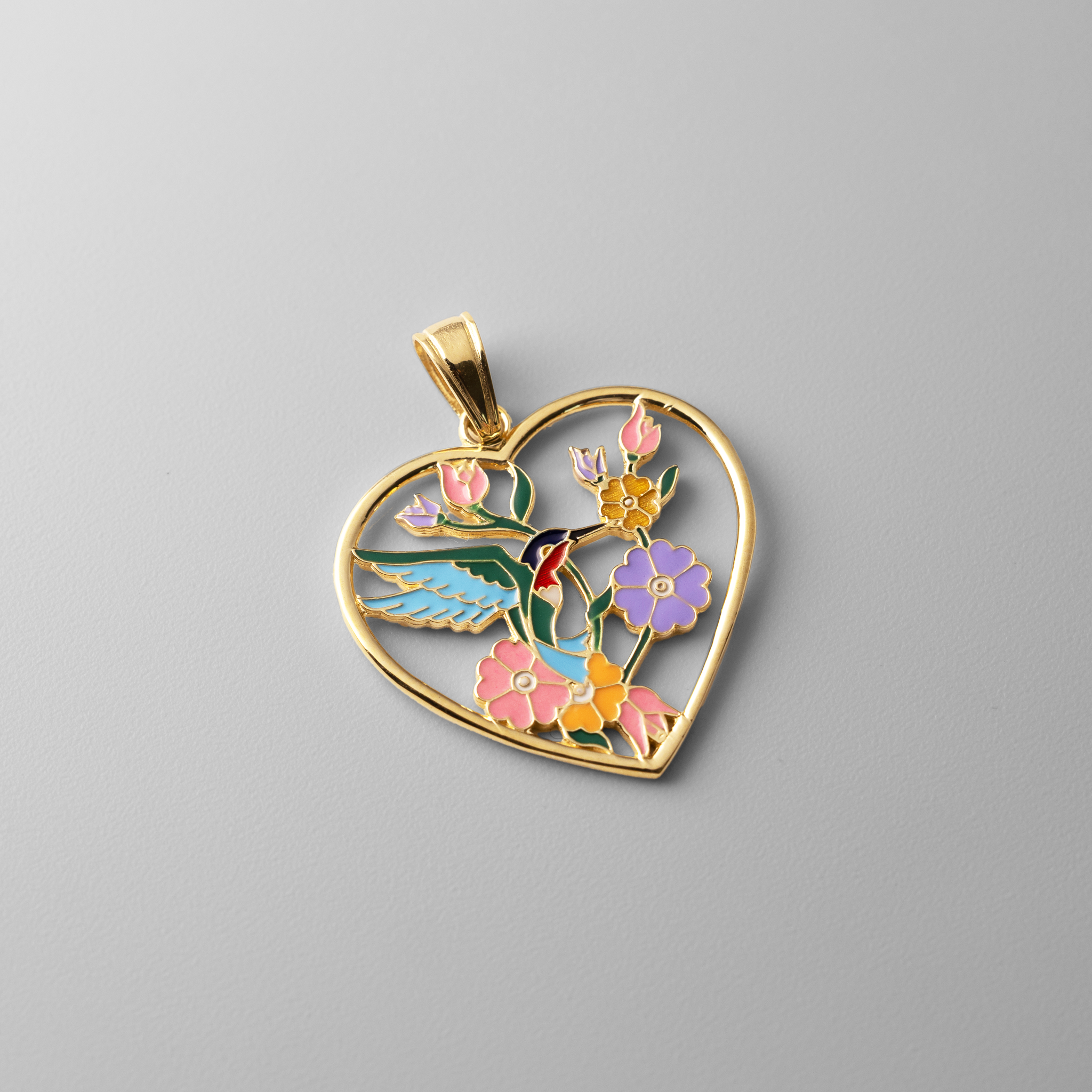 Gold Enameled Hummingbird and Flowers Heart Charm - Charlie & Co. Jewelry