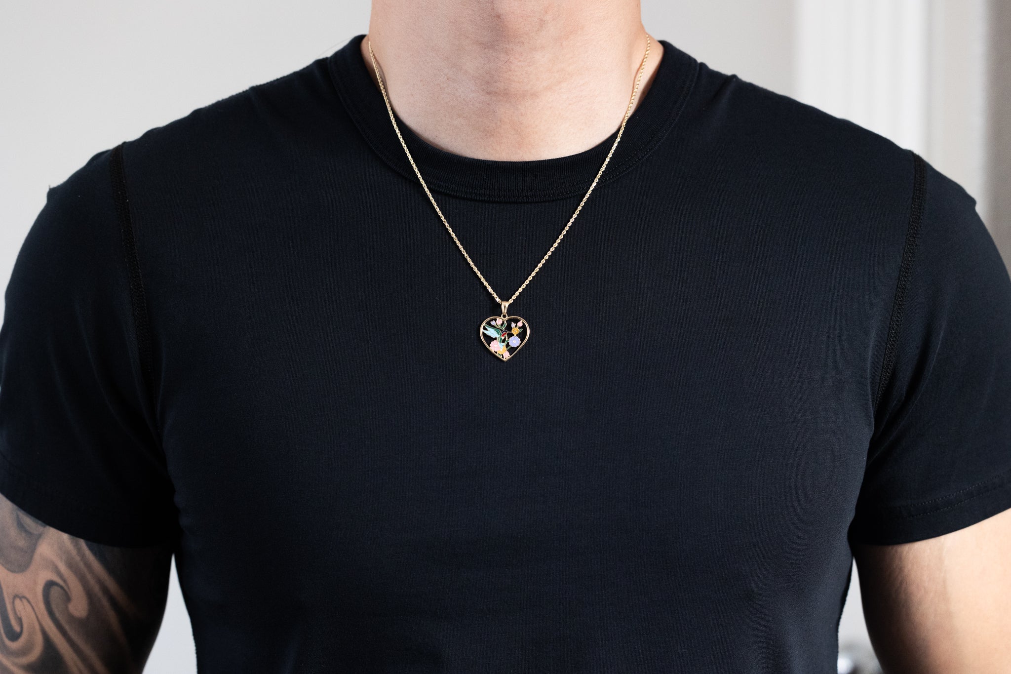 Gold Enameled Hummingbird and Flowers Heart Charm - Charlie & Co. Jewelry