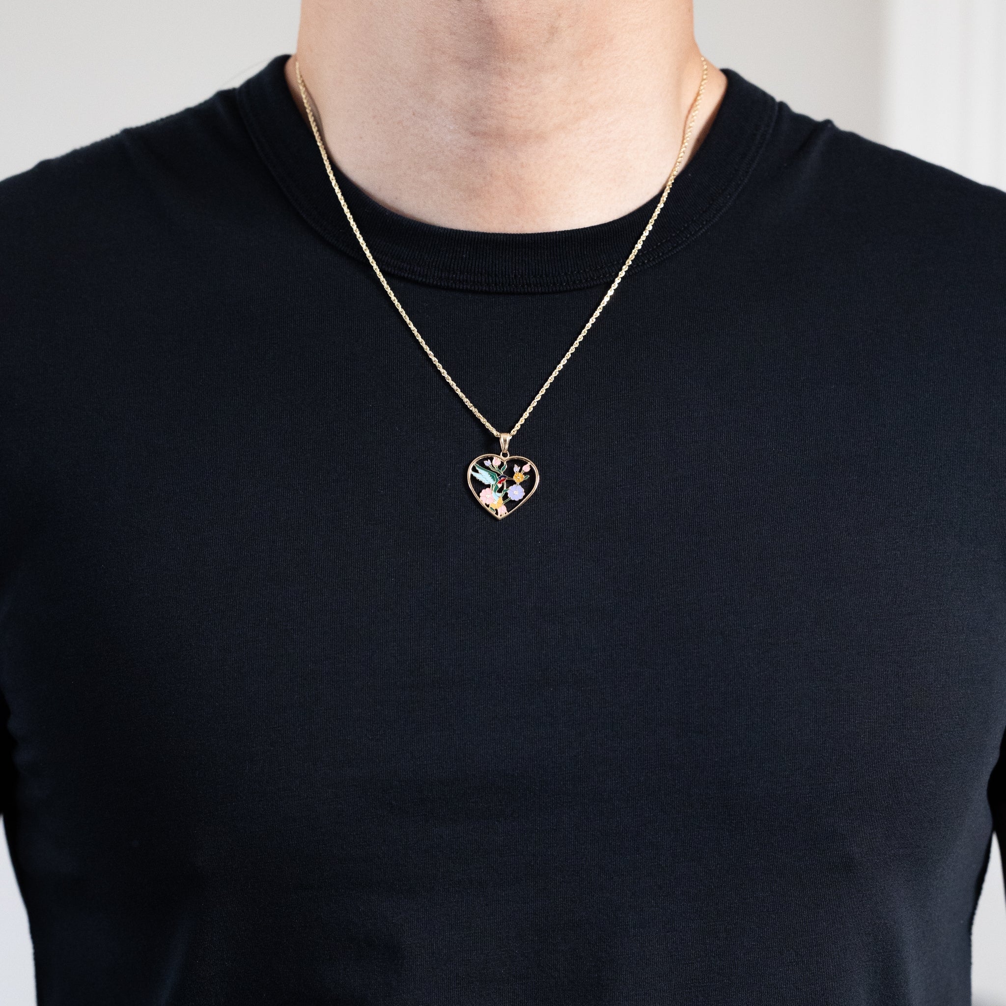 Gold Enameled Hummingbird and Flowers Heart Charm - Charlie & Co. Jewelry