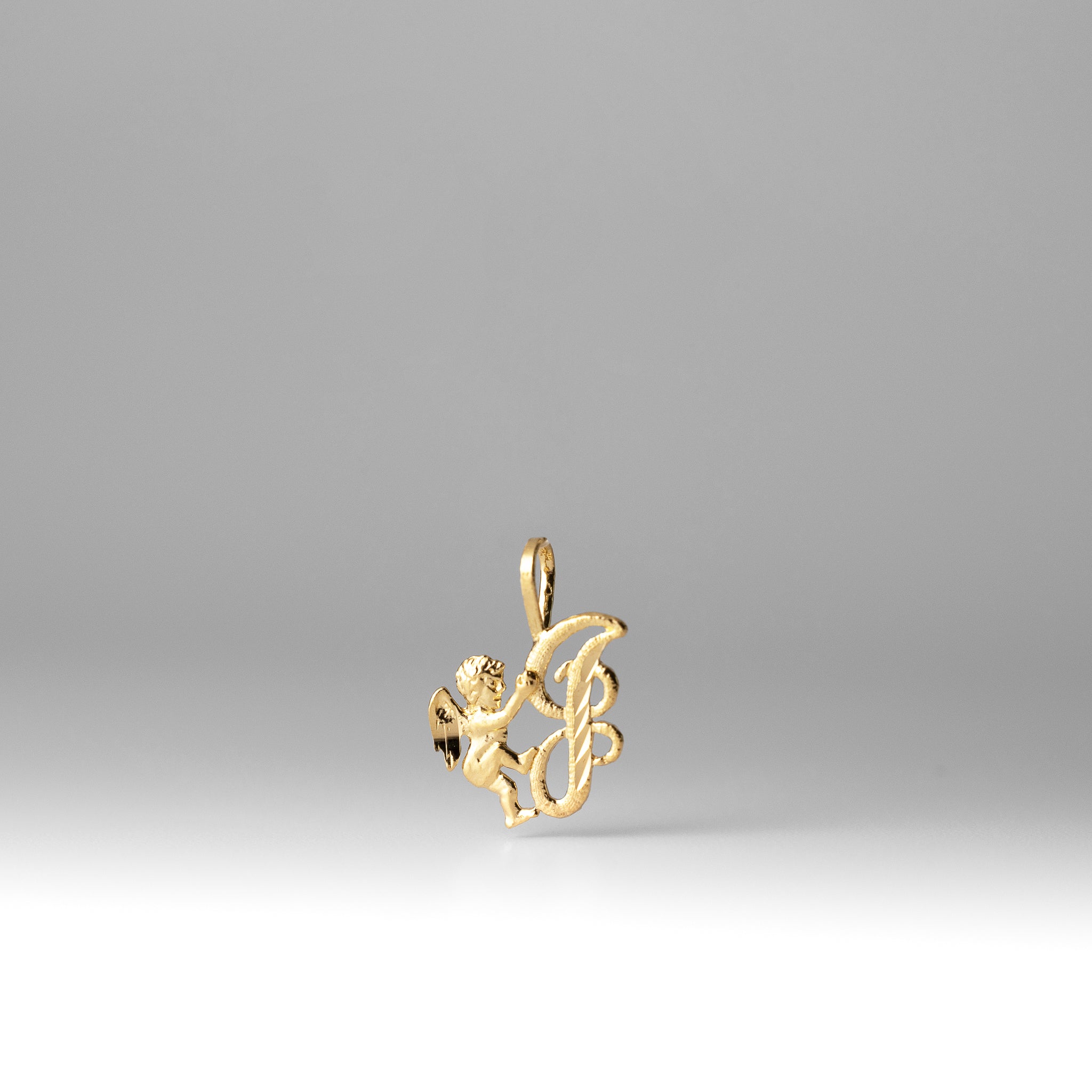 Gold Script Letter J Pendant with Cherub Angel | A-Z Pendants - Charlie & Co. Jewelry