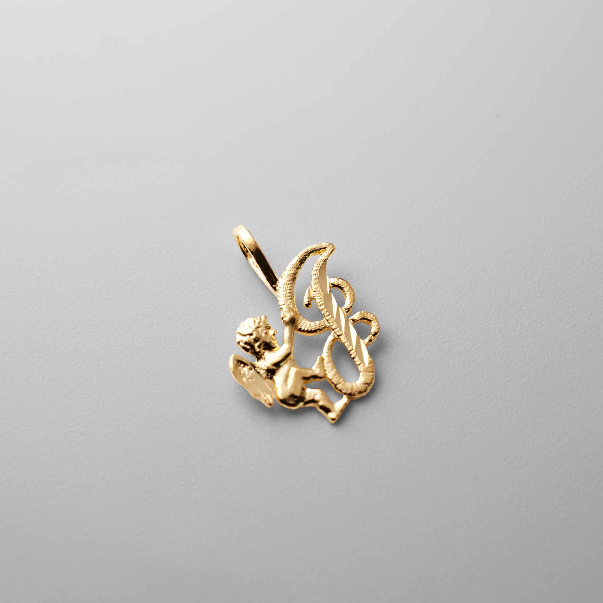 Gold Script Letter J Pendant with Cherub Angel | A-Z Pendants - Charlie & Co. Jewelry