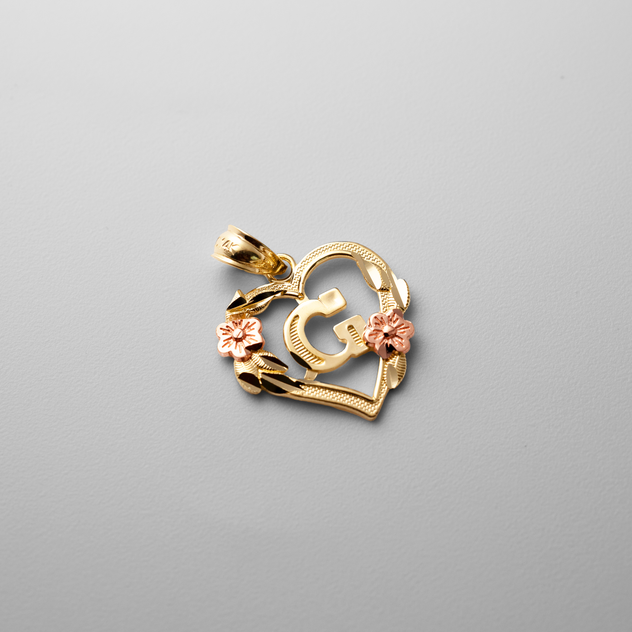 Gold Heart Letter G Pendant with Flowers | A-Z Pendants - Charlie & Co. Jewelry