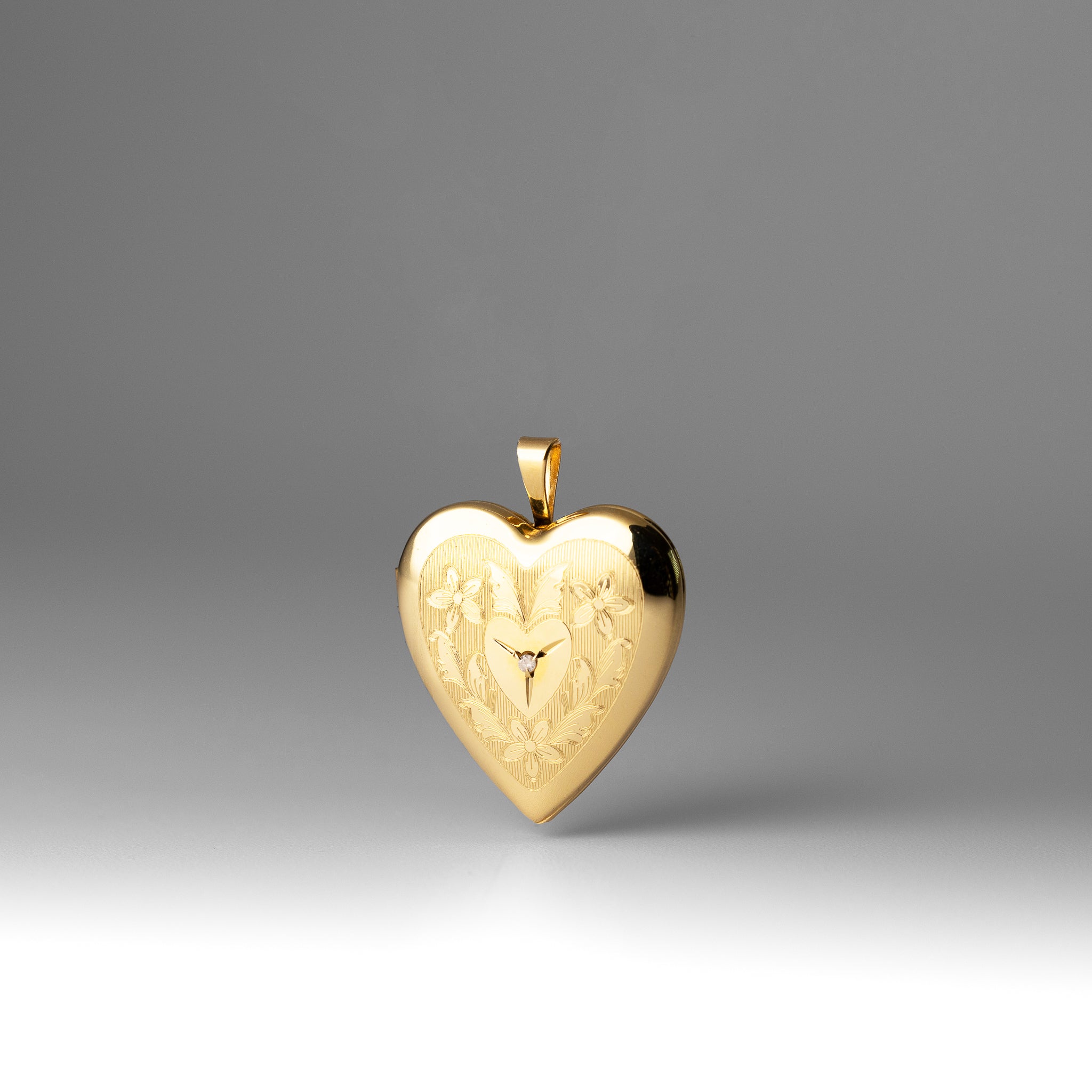 Gold 20mm Polished Floral Design Diamond Heart Locket Pendant - Model XL848 - Charlie & Co. Jewelry