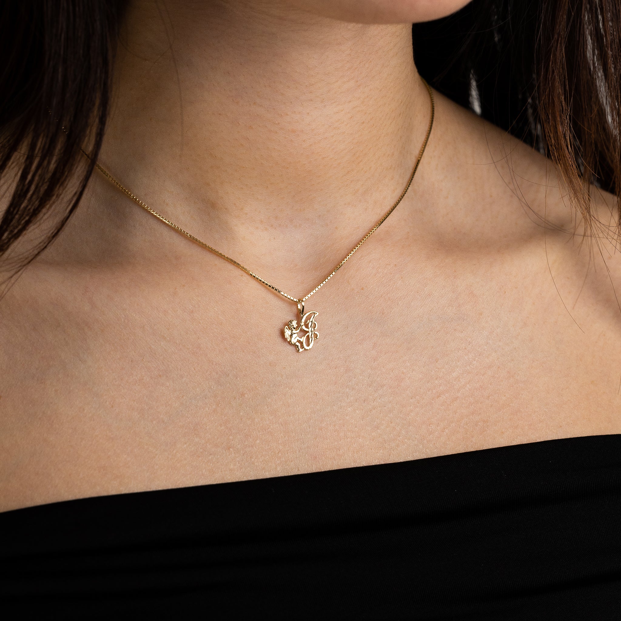 Gold Script Letter W Pendant with Cherub Angel | A-Z Pendants - Charlie & Co. Jewelry
