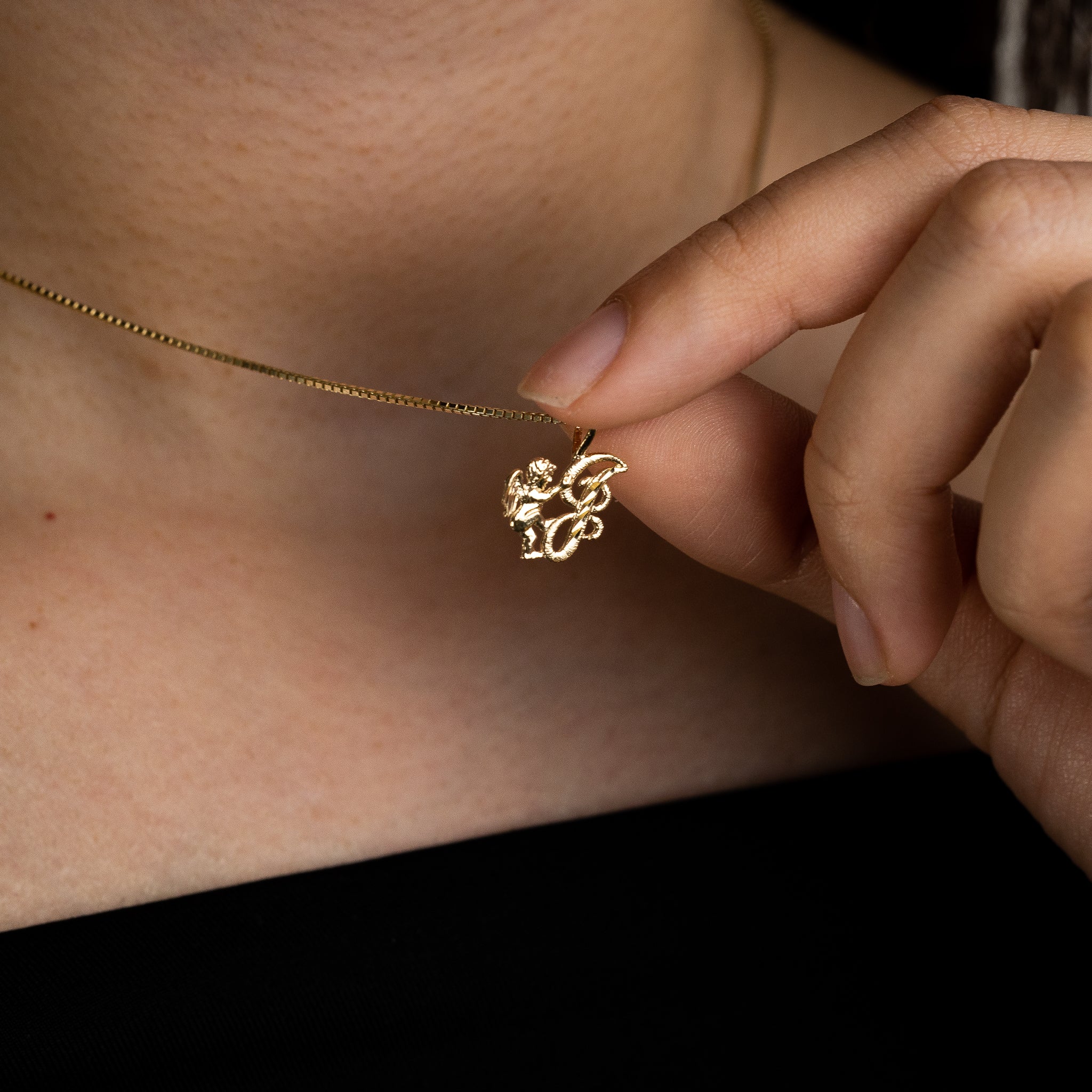 Gold Script Letter J Pendant with Cherub Angel | A-Z Pendants - Charlie & Co. Jewelry