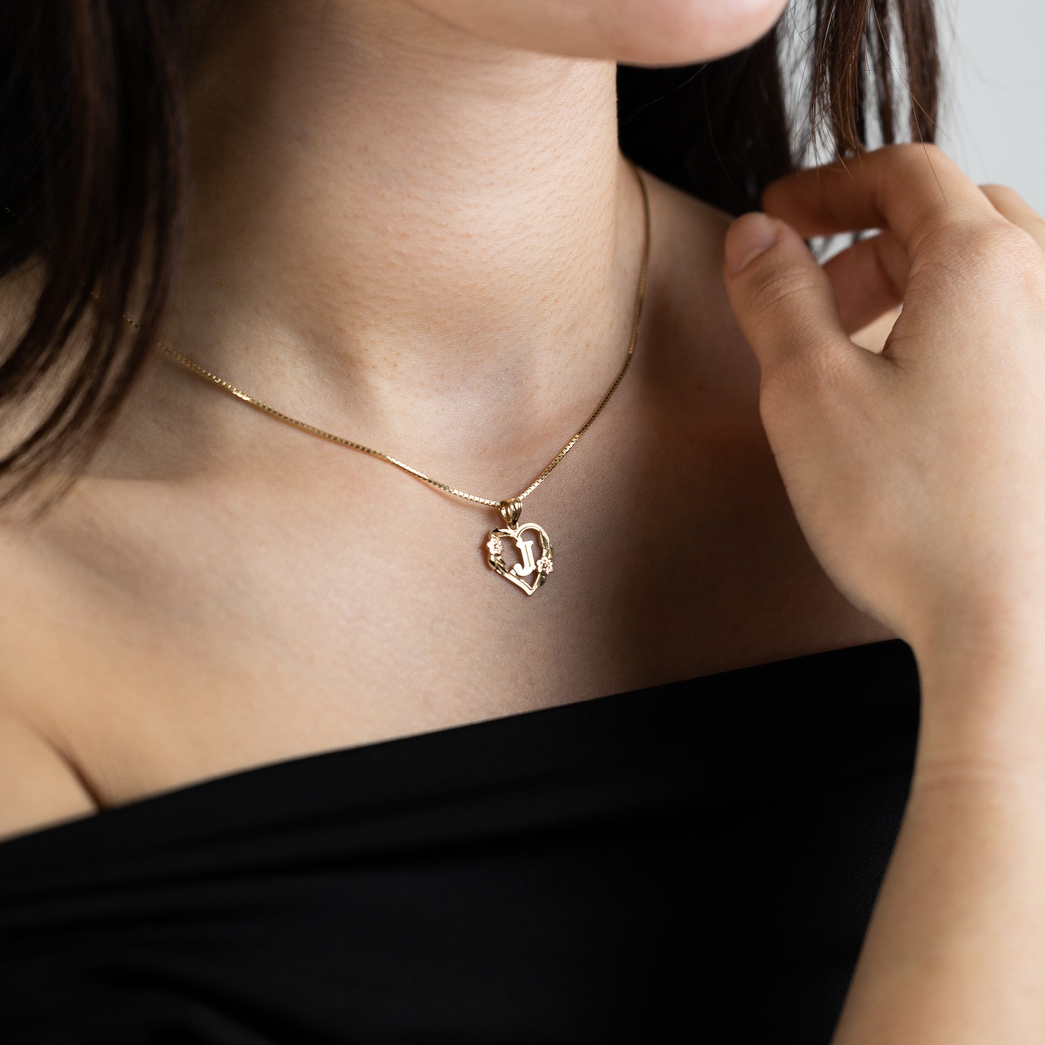 Gold Heart Letter M Pendant with Flowers | A-Z Pendants - Charlie & Co. Jewelry