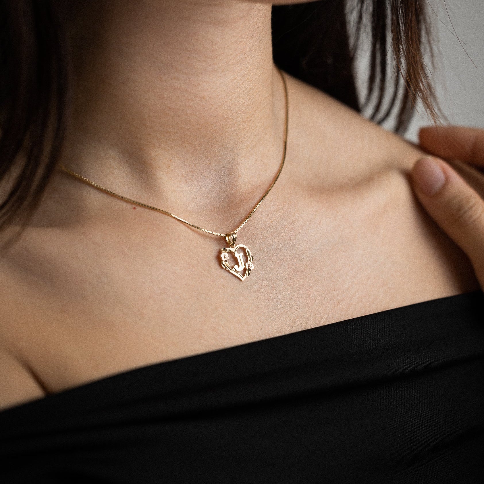 Gold Heart Letter J Pendant with Flowers | A-Z Pendants - Charlie & Co. Jewelry